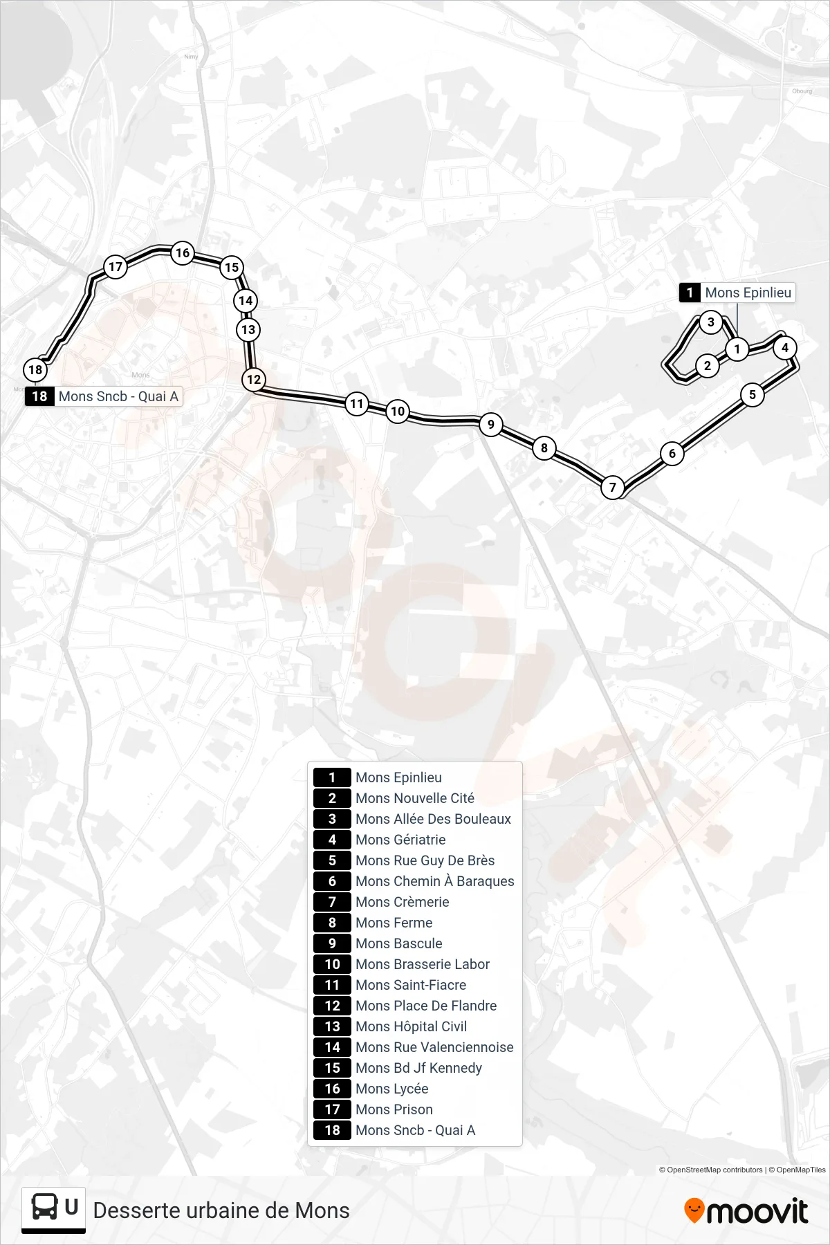 U bus Line (Mons Epinlieu→Mons SNCB - Platform A) route and stops on a map