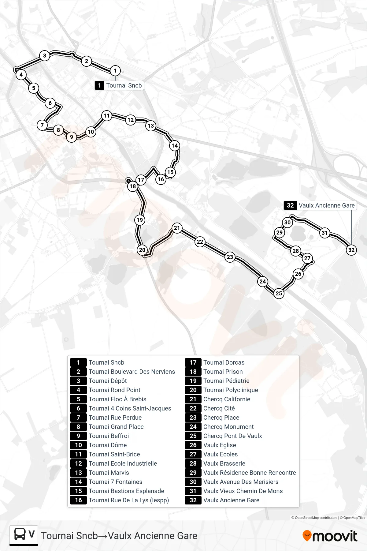 Lijn V (bus, Tournai Sncb→Vaulx Ancienne Gare): route en haltes op de kaart