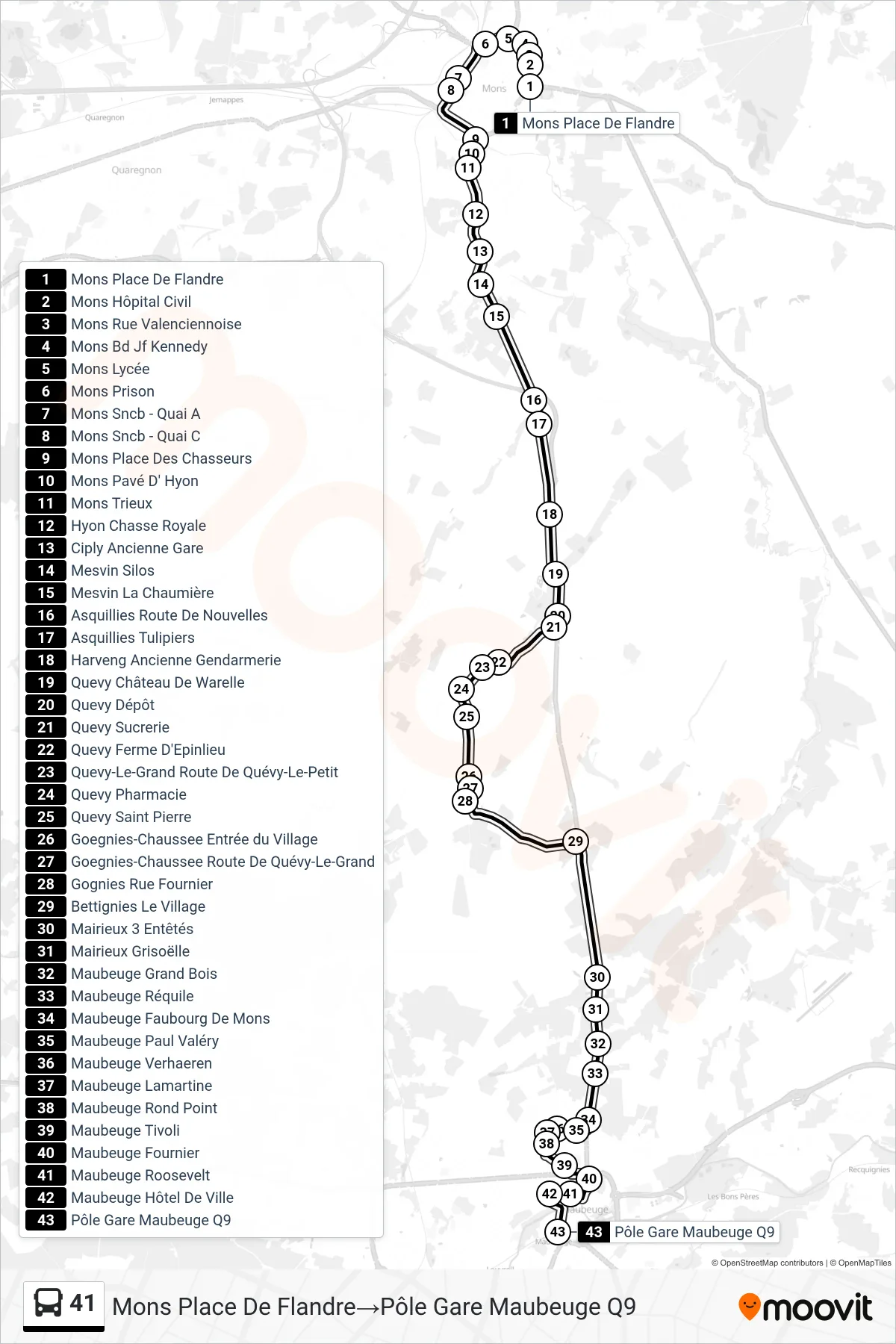 41 bus Line (Mons Flanders Square‎→Maubeuge Station Hub Q9) route and stops on a map