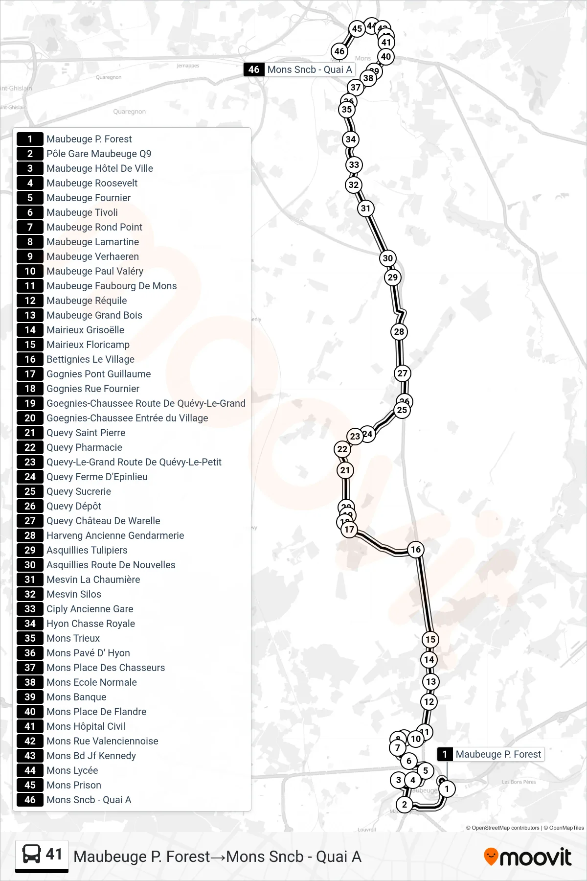 Lijn 41 (bus, Maubeuge P. Forest‎→Mons Sncb - Quai A): route en haltes op de kaart