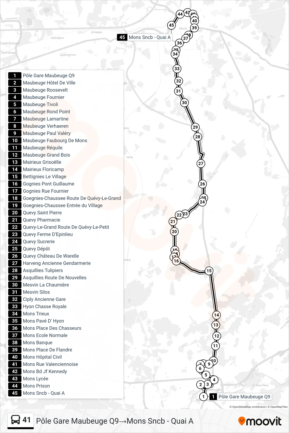 41 bus Line (Maubeuge Station Hub Q9→Mons SNCB - Platform A) route and stops on a map