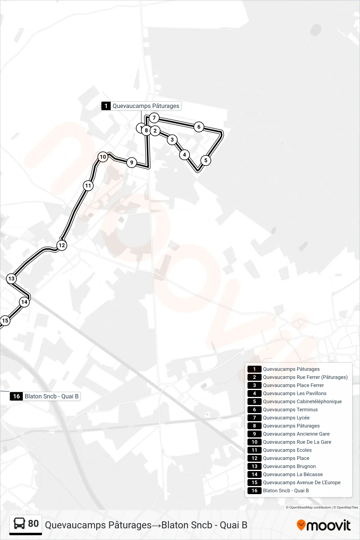 Lijn 80 (bus, Quevaucamps Pâturages→Blaton Sncb - Quai B): route en haltes op de kaart