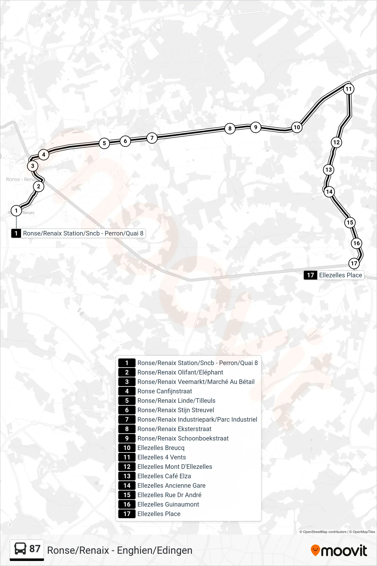 87 bus Line (Ronse/Renaix Station/Sncb - Perron/Quai 8‎→Ellezelles Square) route and stops on a map