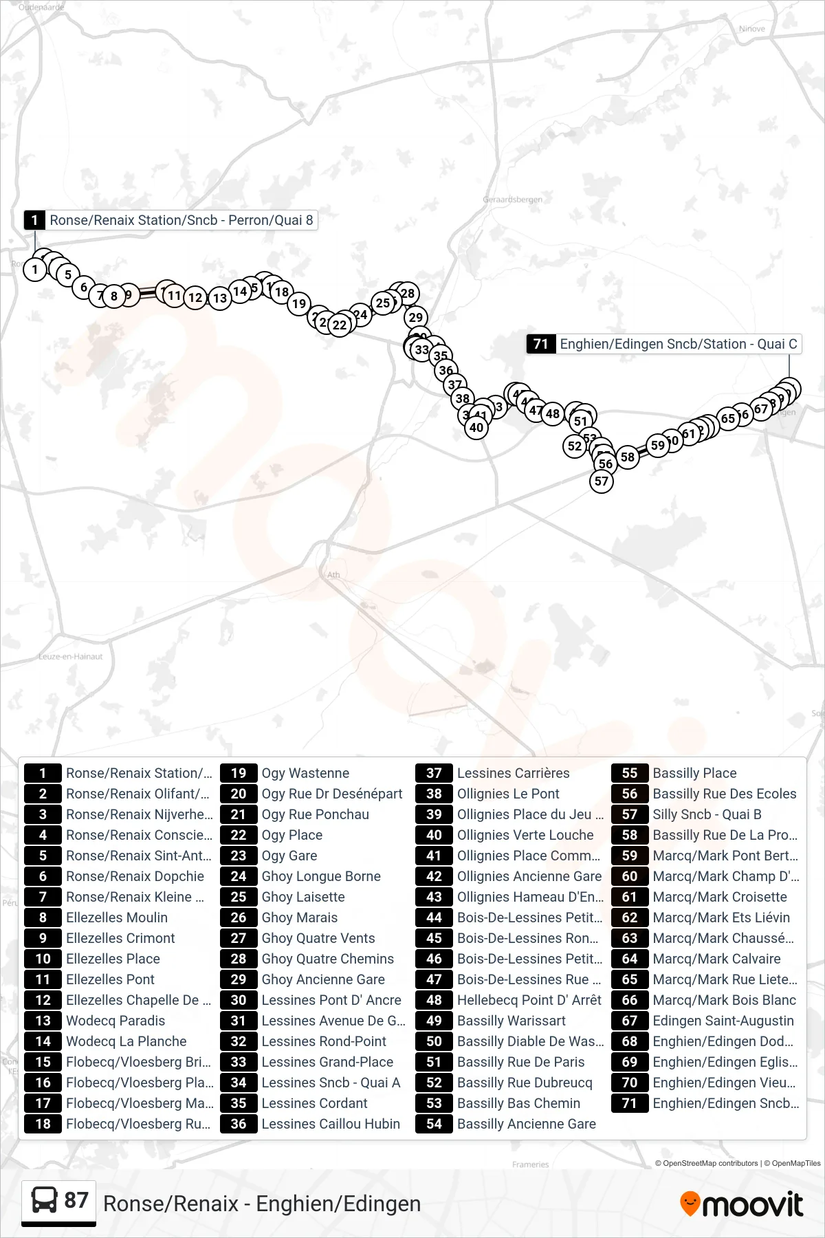 87 bus Line (Ronse/Renaix Station/Sncb - Perron/Quai 8‎→Enghien Station - Platform C) route and stops on a map