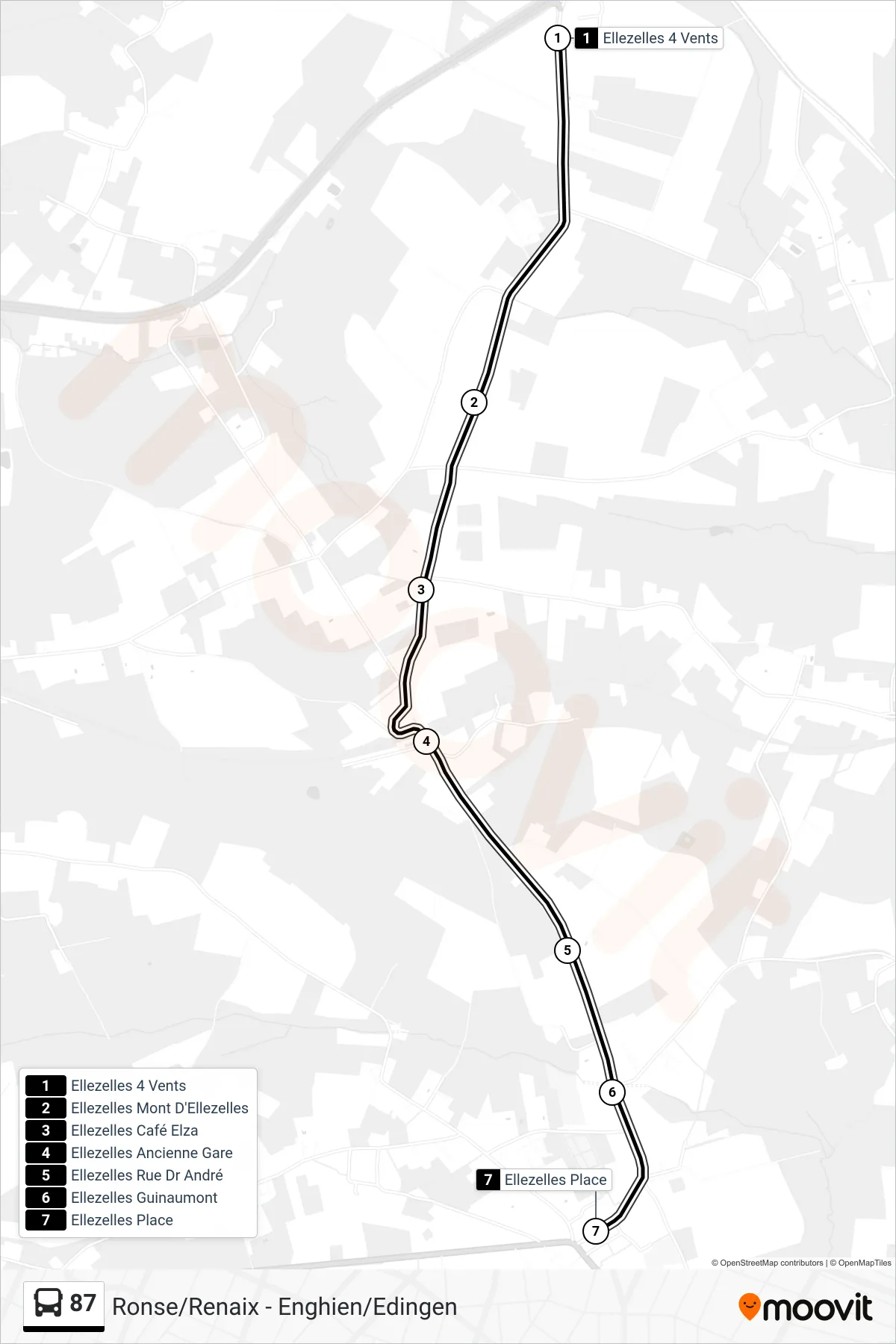 87 bus Line (Ellezelles 4 Winds‎→Ellezelles Square) route and stops on a map