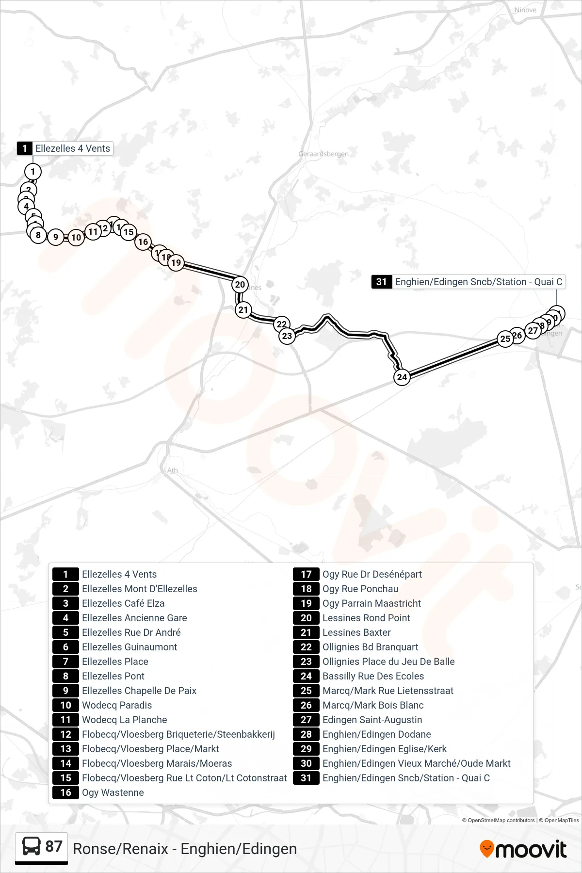 87 bus Line (Ellezelles 4 Winds‎→Enghien Station - Platform C) route and stops on a map