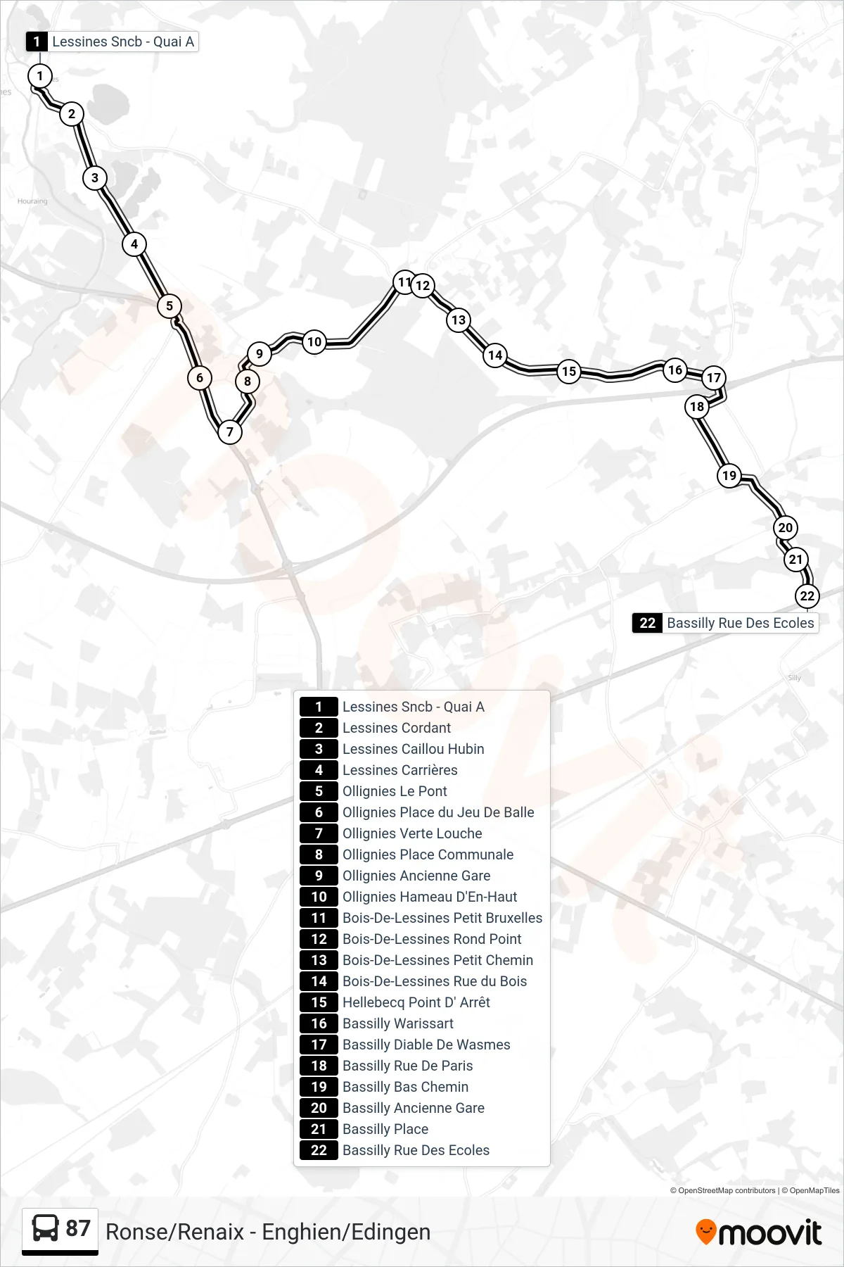 87 bus Line (Lessines SNCB - Platform A‎→Bassilly School Street) route and stops on a map