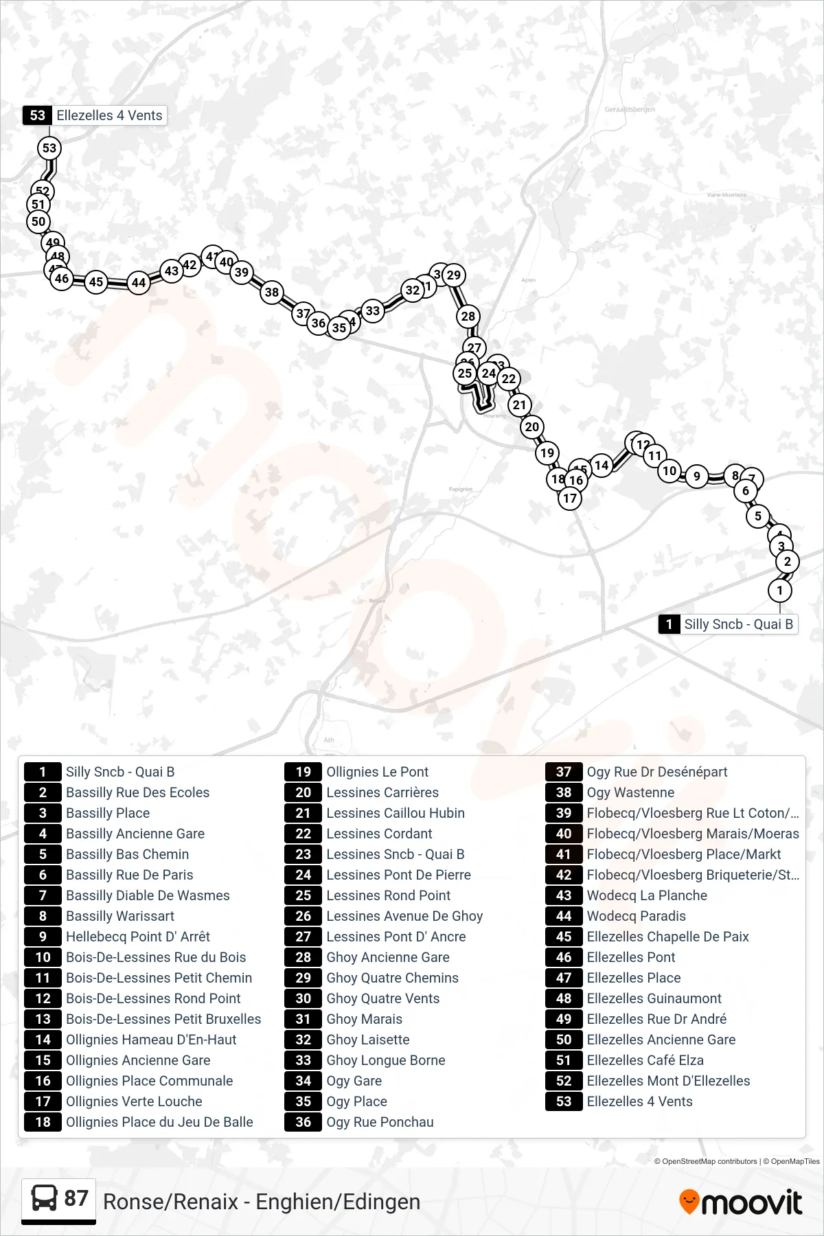 Lijn 87 (bus, Silly Sncb - Quai B→Ellezelles 4 Vents): route en haltes op de kaart