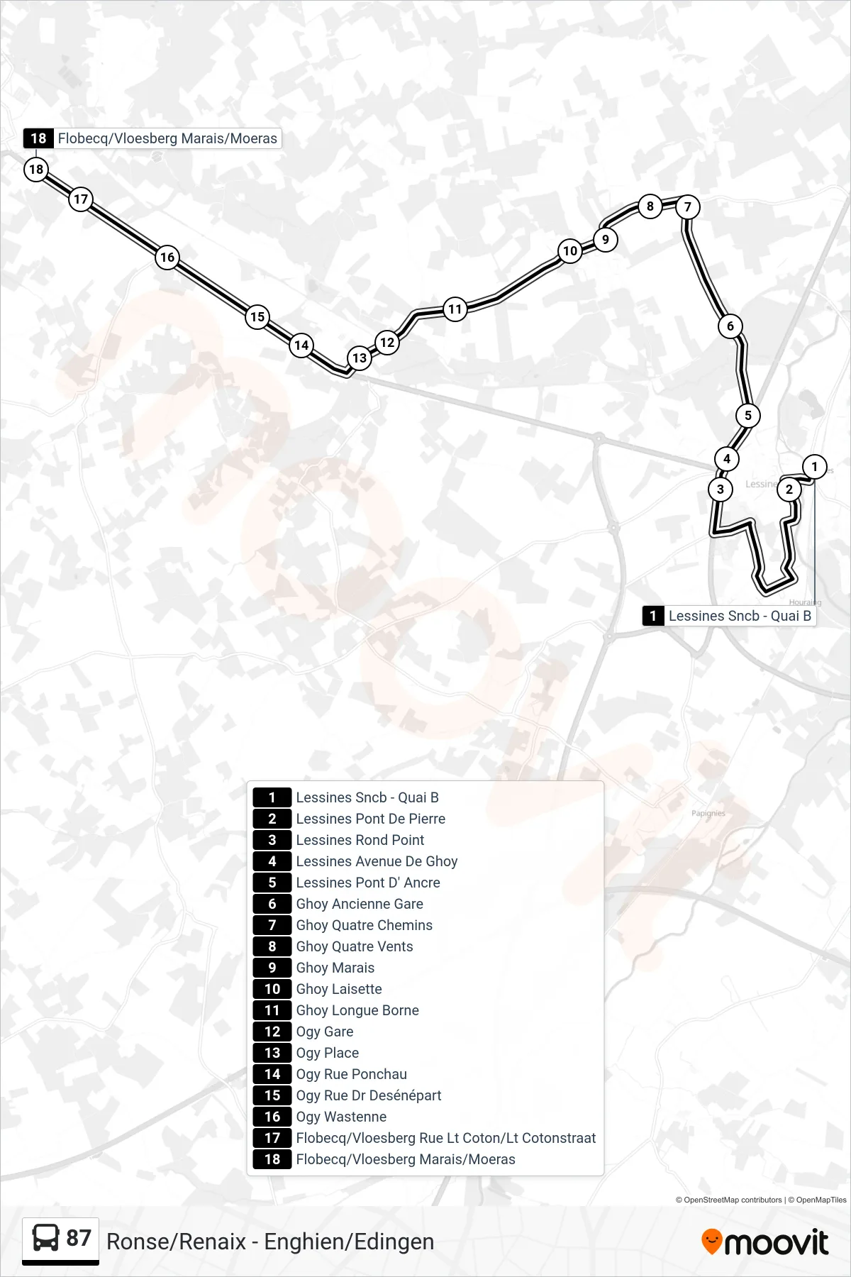 87 bus Line (Lessines SNCB - Platform B→Flobecq Marsh) route and stops on a map