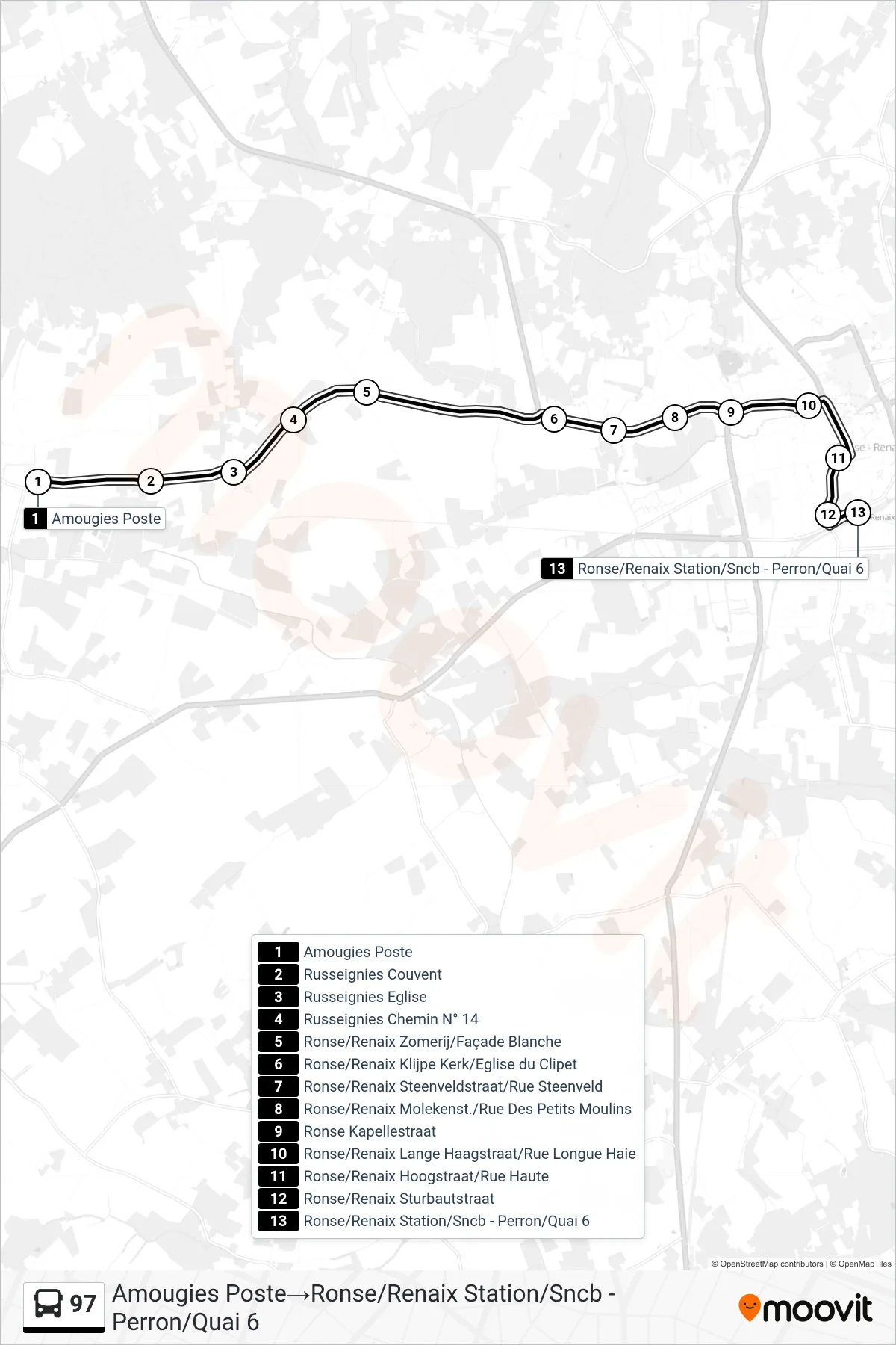 97 bus Line (Amougies Post→Ronse/Renaix Station/Sncb - Perron/Quai 6) route and stops on a map