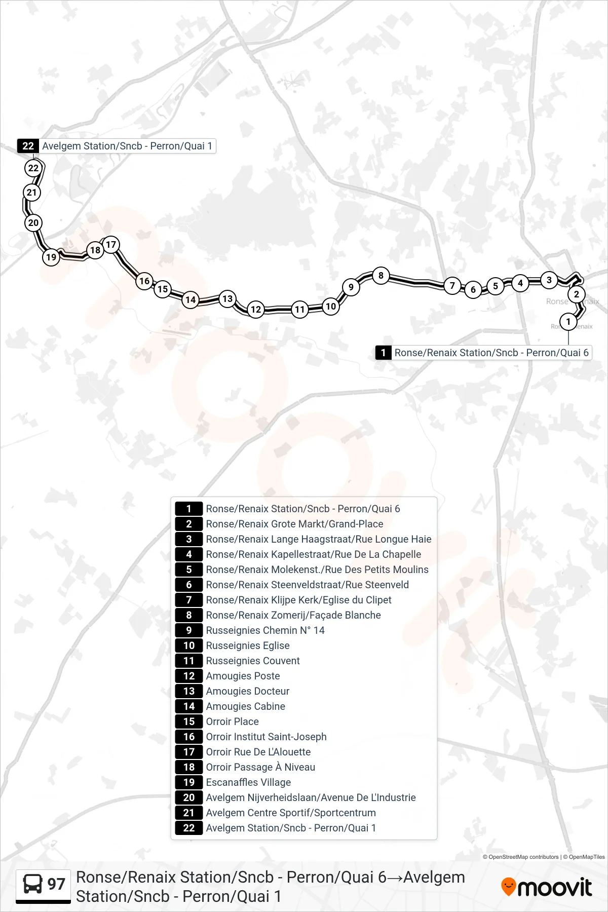 Lijn 97 (bus, Ronse/Renaix Station/Sncb - Perron/Quai 6‎→Avelgem Station/Sncb - Perron/Quai 1): route en haltes op de kaart