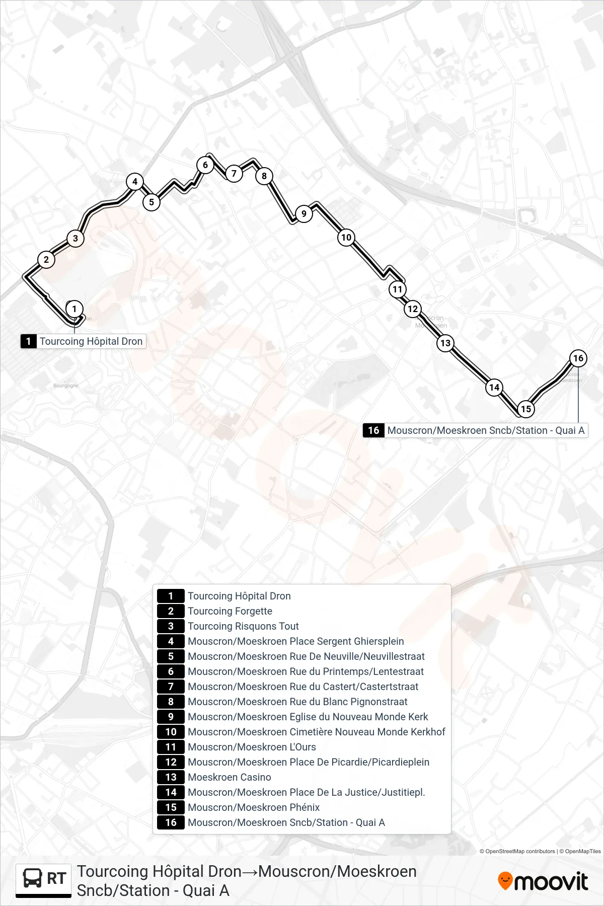 Lijn RT (bus, Tourcoing Hôpital Dron→Mouscron/Moeskroen Sncb/Station - Quai A): route en haltes op de kaart