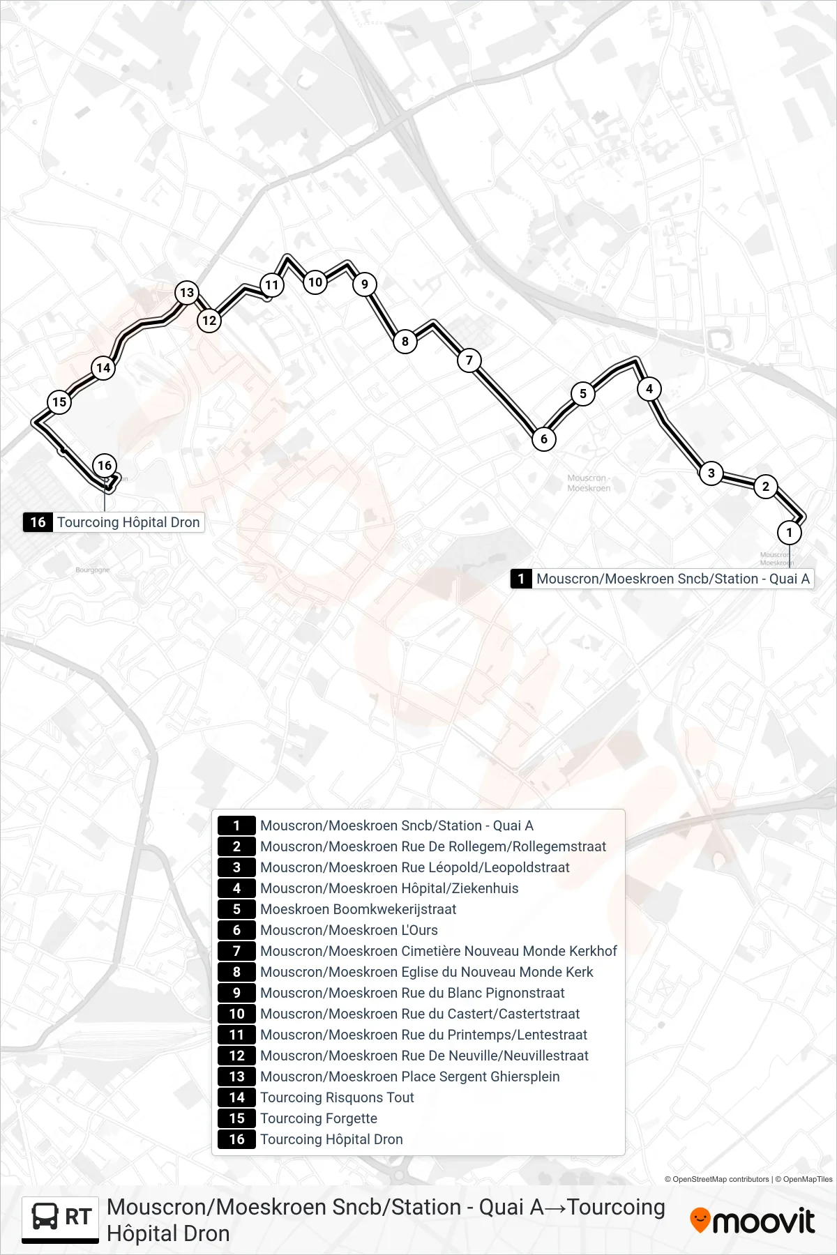RT bus Line (Mouscron/Moeskroen Station - Platform A→Tourcoing Dron Hospital) route and stops on a map