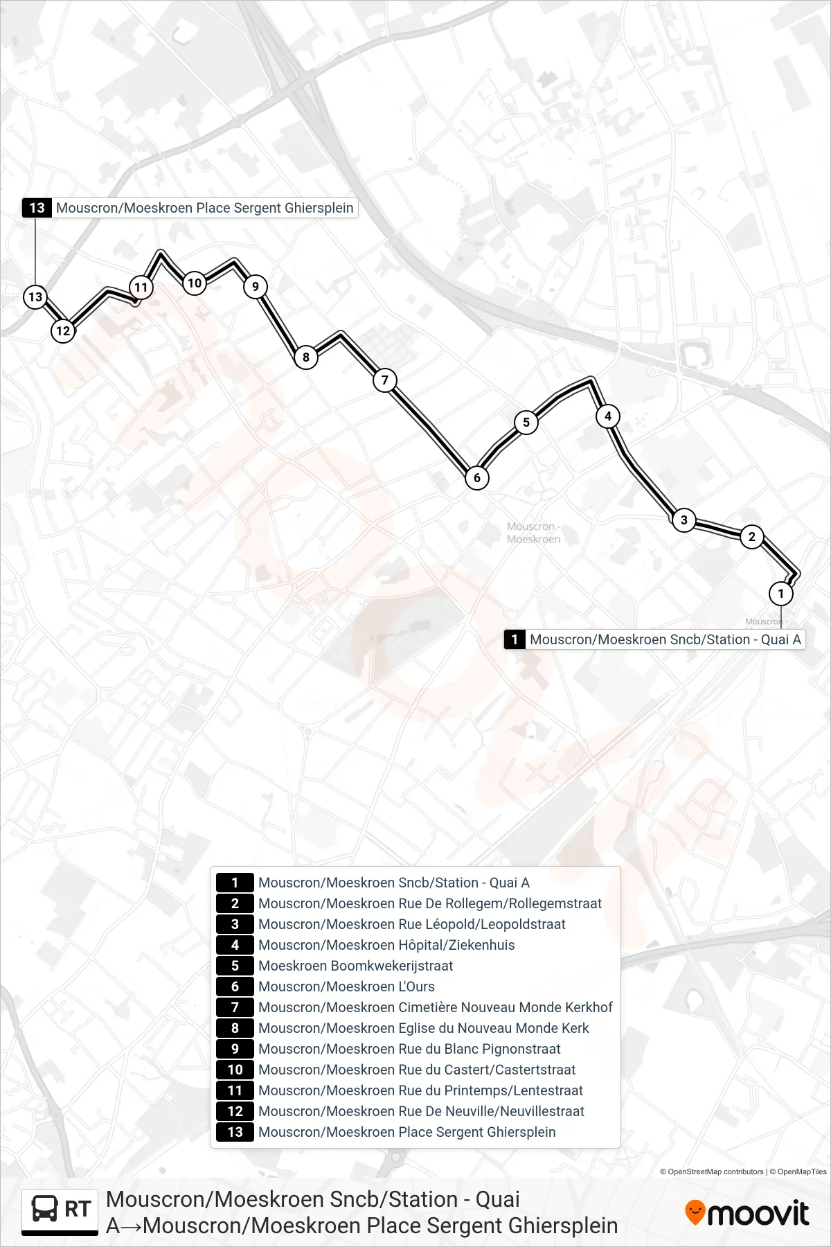 Lijn RT (bus, Mouscron/Moeskroen Sncb/Station - Quai A‎→Mouscron/Moeskroen Place Sergent Ghiersplein): route en haltes op de kaart