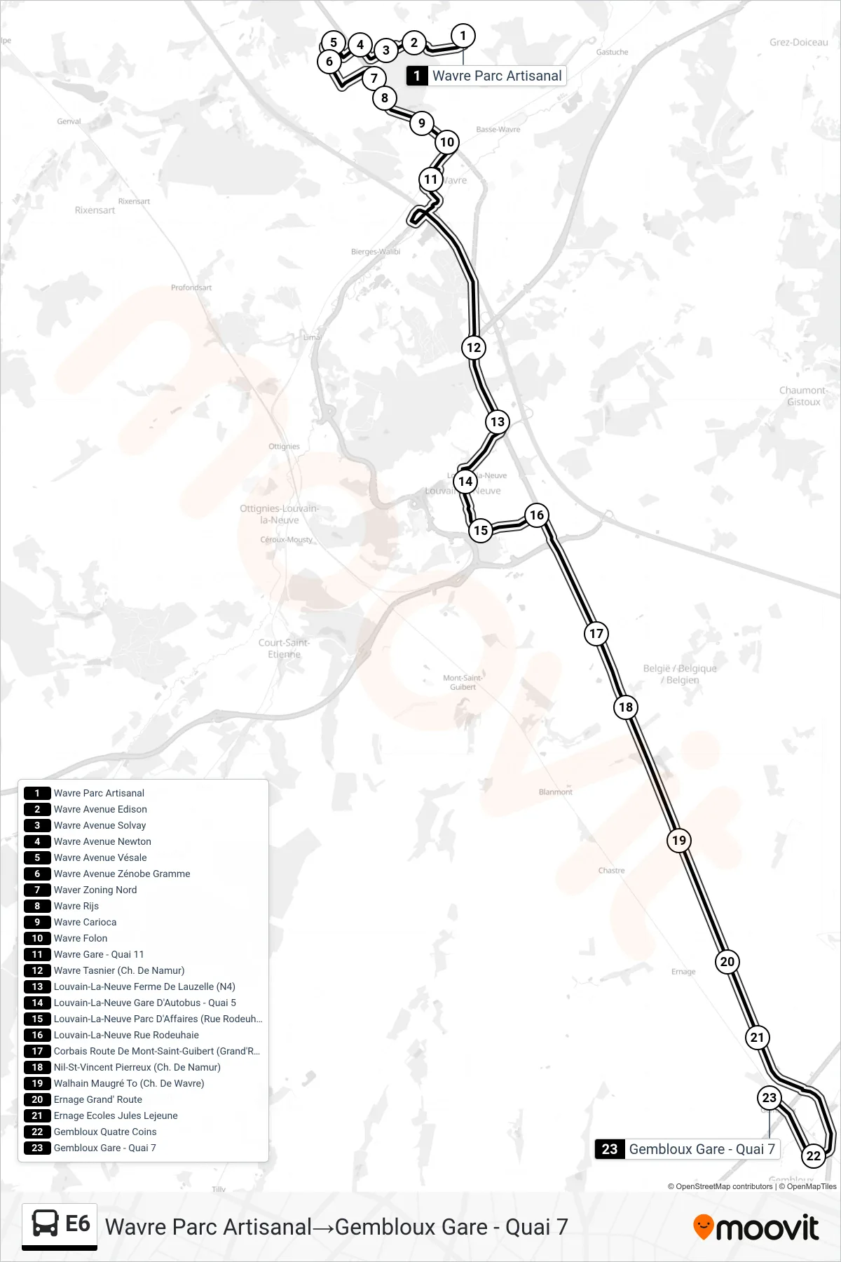 Lijn E6 (bus, Wavre Parc Artisanal→Gembloux Gare - Quai 7): route en haltes op de kaart