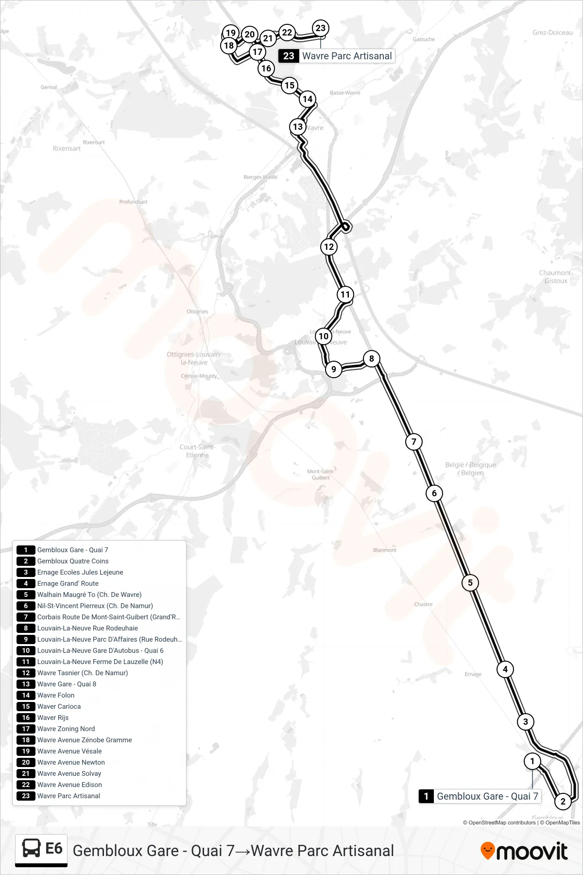 Lijn E6 (bus, Gembloux Gare - Quai 7‎→Wavre Parc Artisanal): route en haltes op de kaart