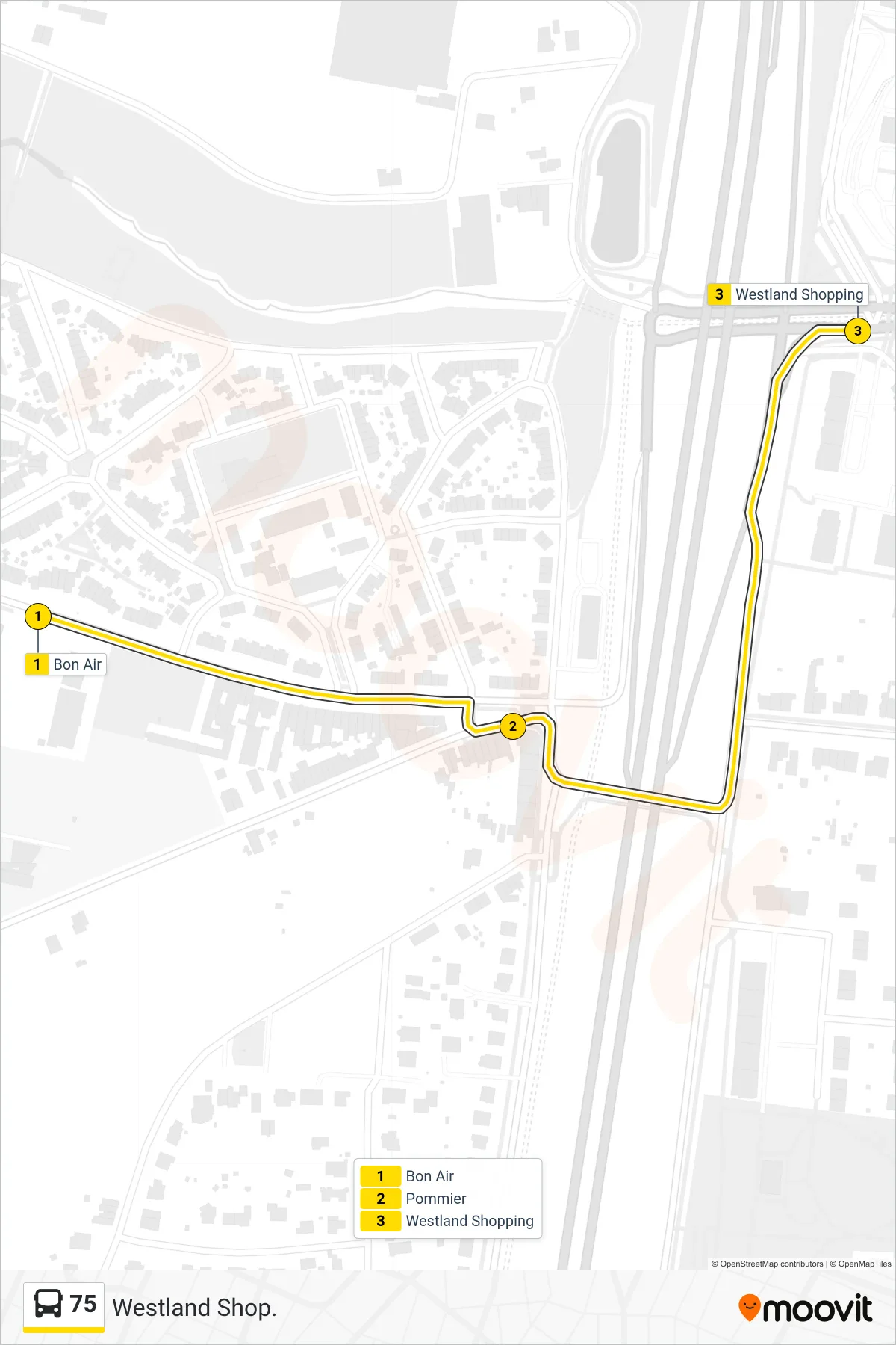 Lijn 75 (bus, Westland Shop.): route en haltes op de kaart