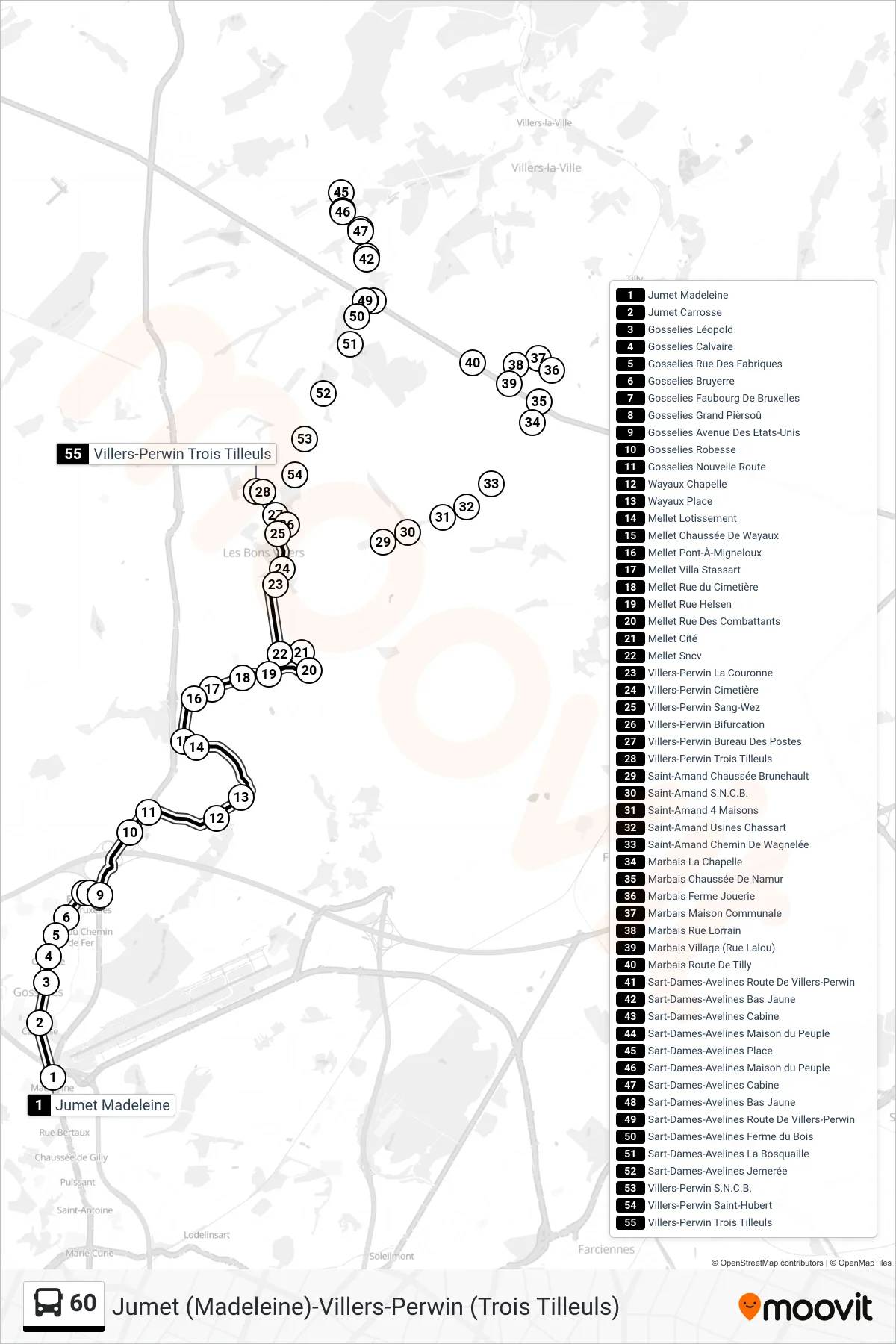 Lijn 60 (bus, Jumet Madeleine→Villers-Perwin Trois Tilleuls): route en haltes op de kaart