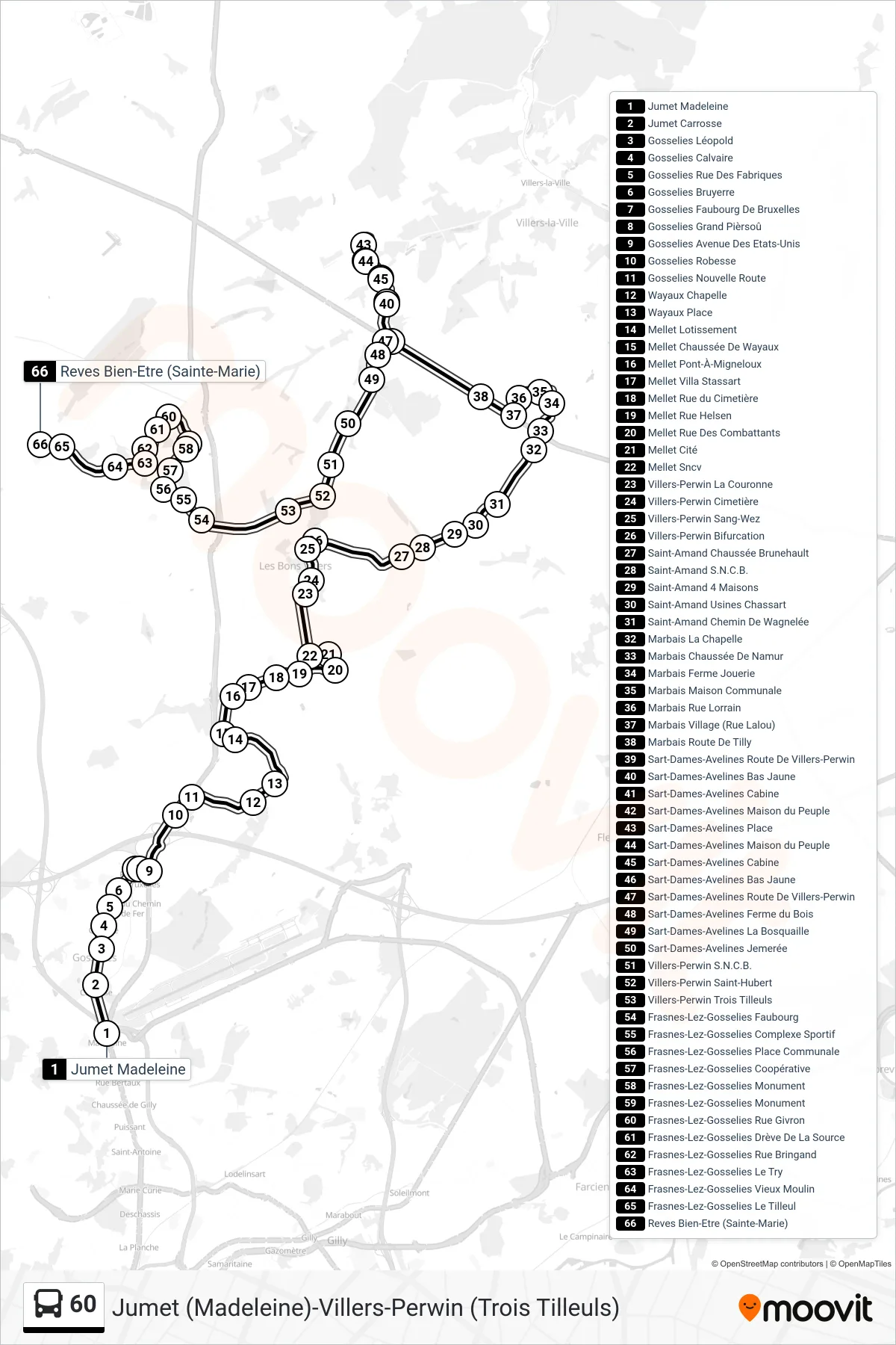 Lijn 60 (bus, Jumet Madeleine→Reves Bien-Etre (Sainte-Marie)): route en haltes op de kaart