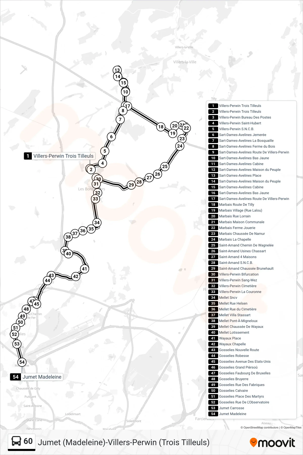 60 bus Line (Villers-Perwin Three Lindens→Jumet Madeleine) route and stops on a map