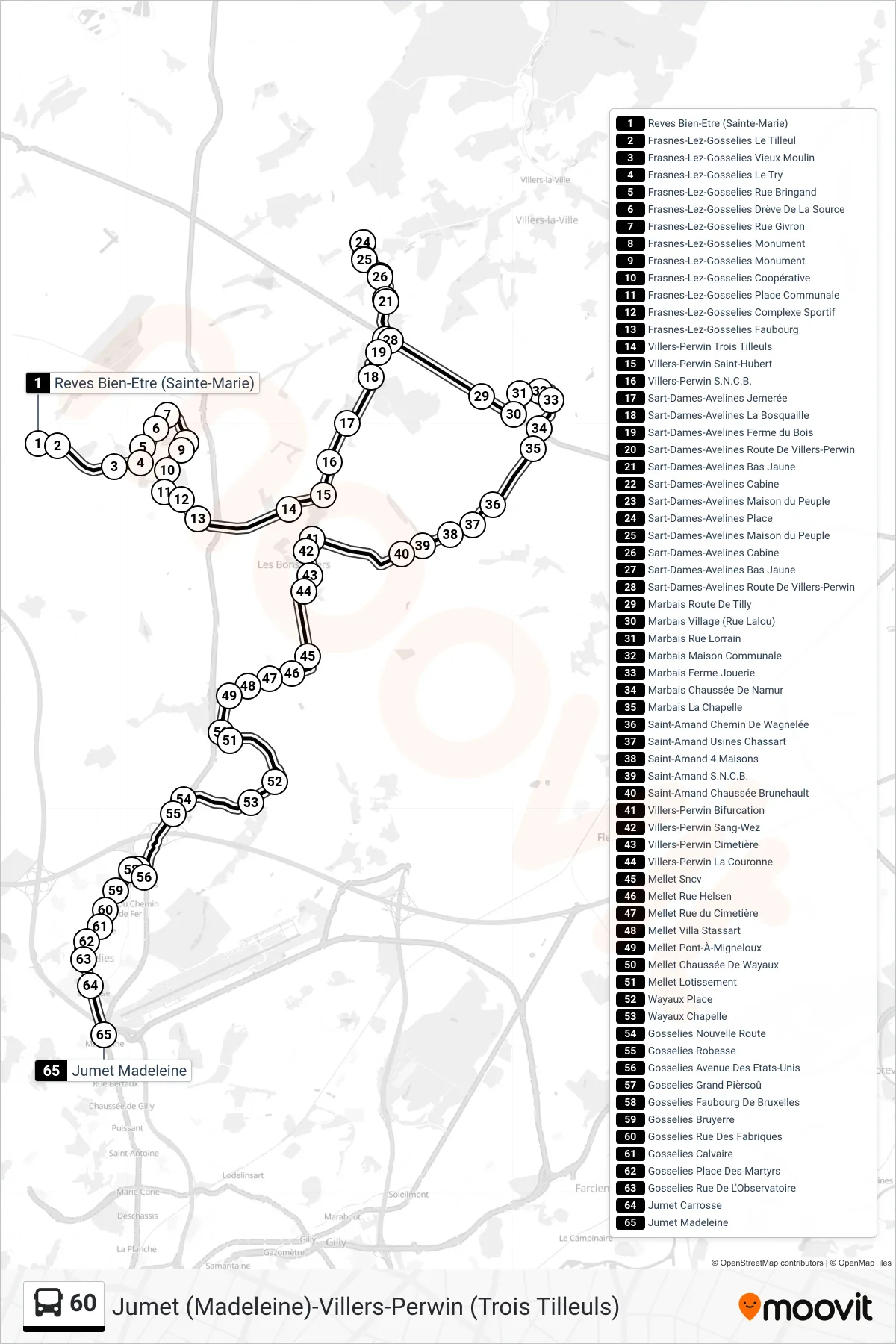Lijn 60 (bus, Reves Bien-Etre (Sainte-Marie)→Jumet Madeleine): route en haltes op de kaart