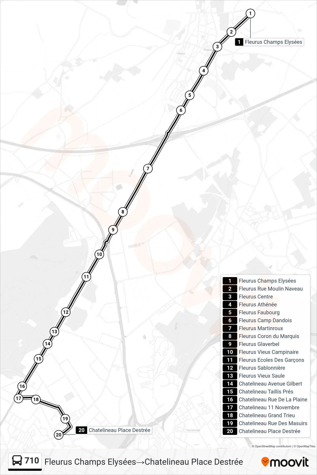 Lijn 710 (bus, Fleurus Champs Elysées→Chatelineau Place Destrée): route en haltes op de kaart
