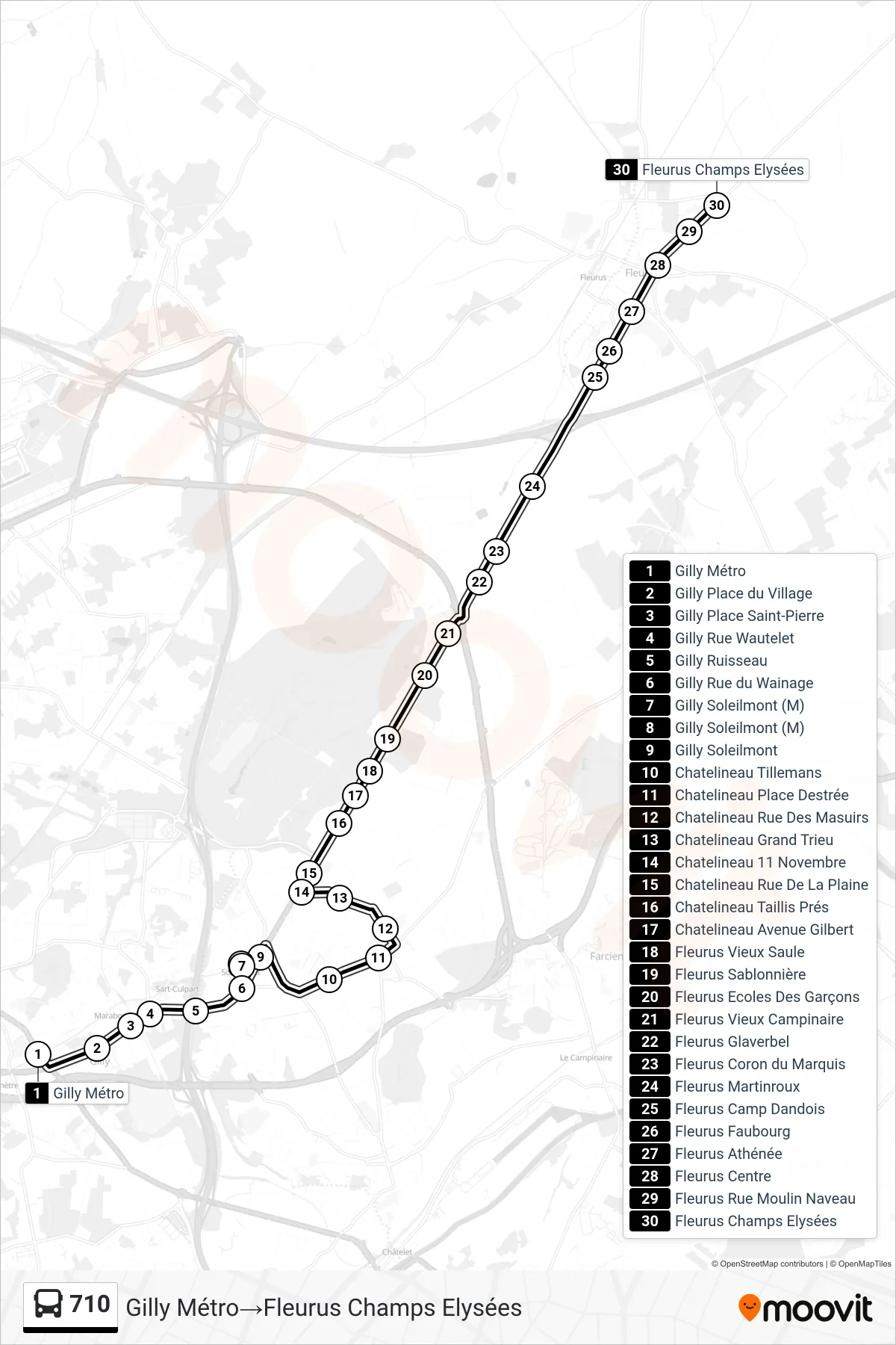 710 bus Line (Gilly Metro→Fleurus Champs Elysées) route and stops on a map