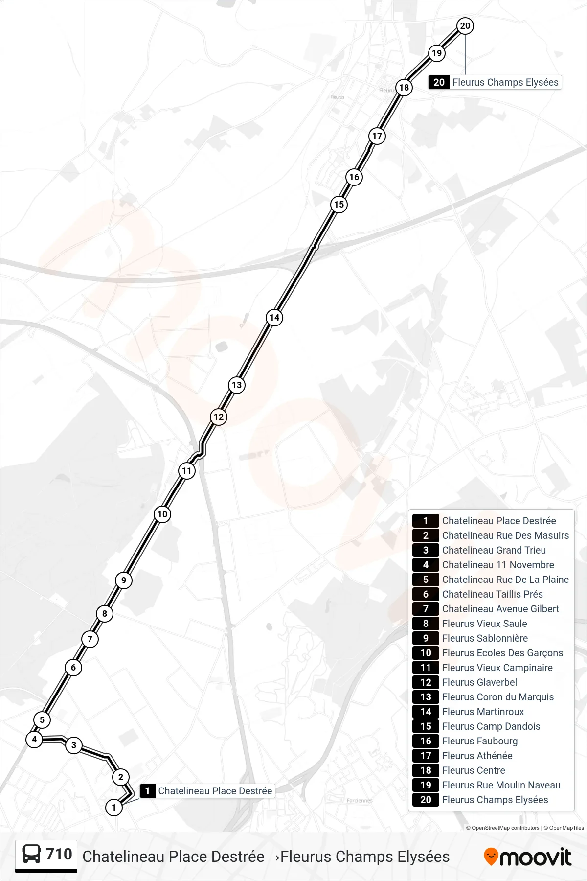 Lijn 710 (bus, Chatelineau Place Destrée→Fleurus Champs Elysées): route en haltes op de kaart