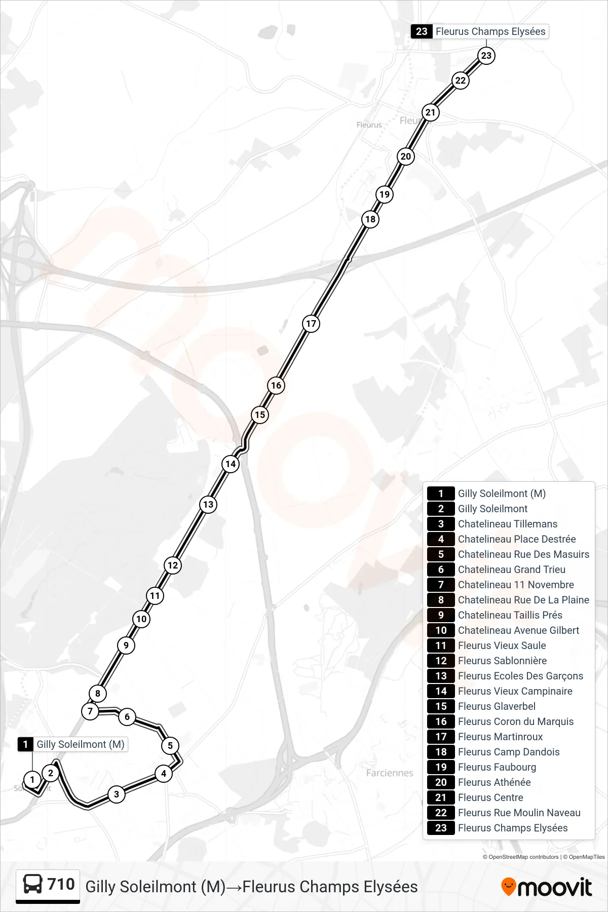 Lijn 710 (bus, Gilly Soleilmont (M)→Fleurus Champs Elysées): route en haltes op de kaart