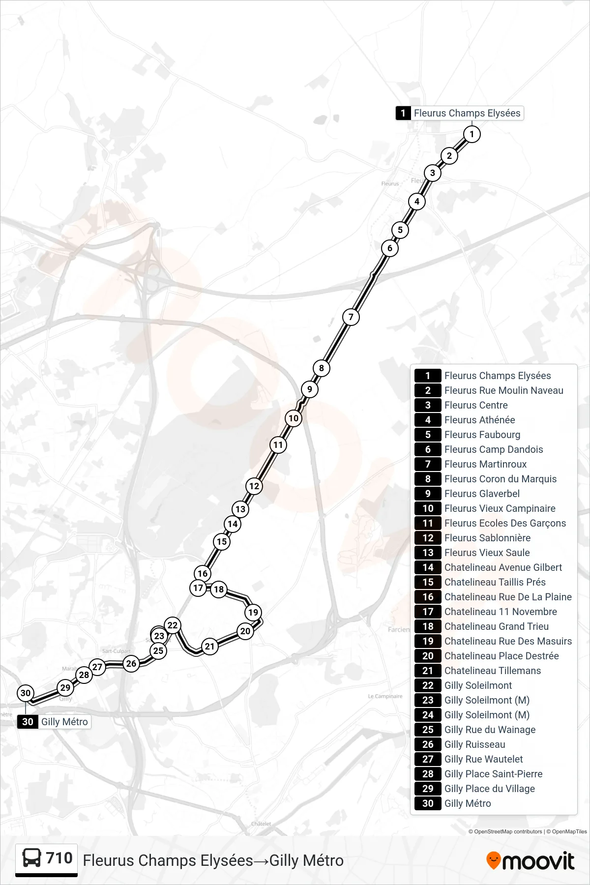 Lijn 710 (bus, Fleurus Champs Elysées‎→Gilly Métro): route en haltes op de kaart
