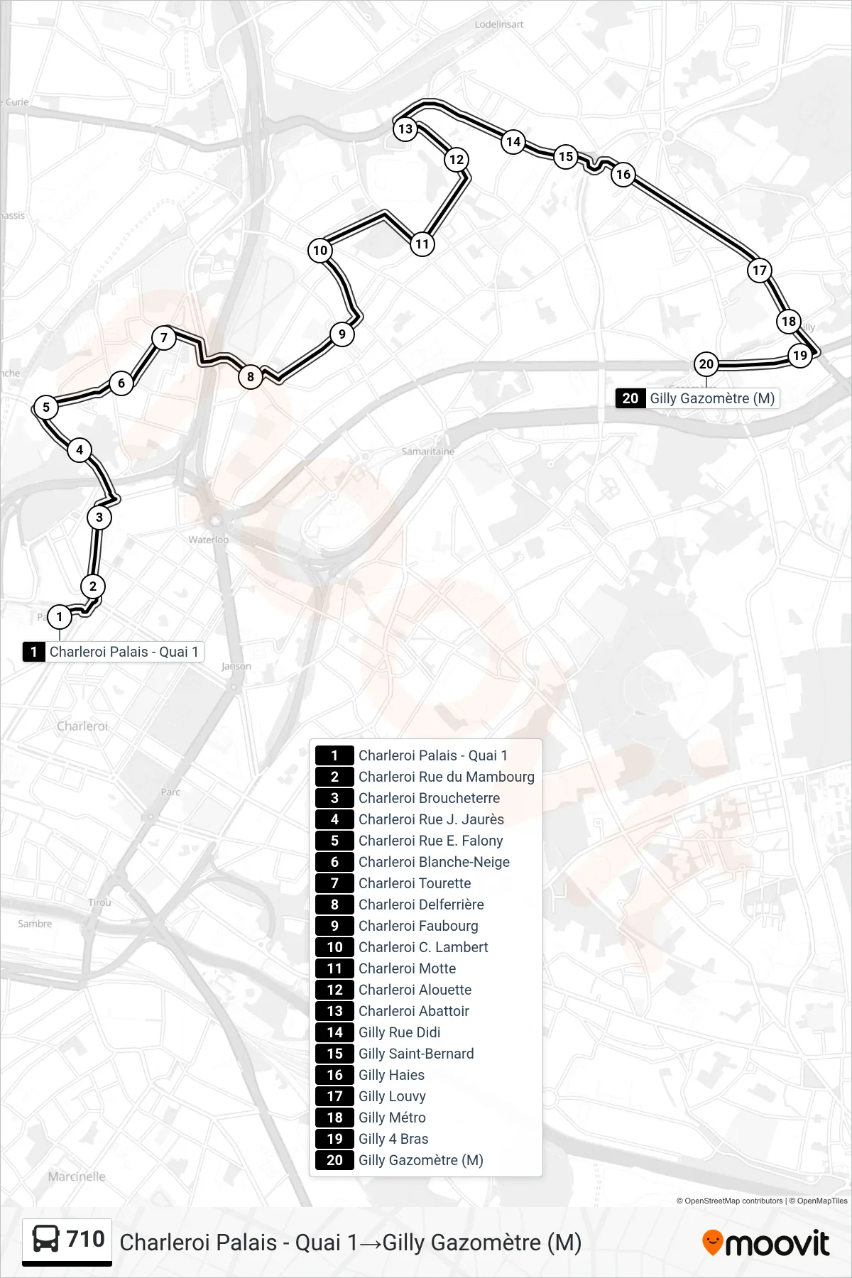 Lijn 710 (bus, Charleroi Palais - Quai 1→Gilly Gazomètre (M)): route en haltes op de kaart
