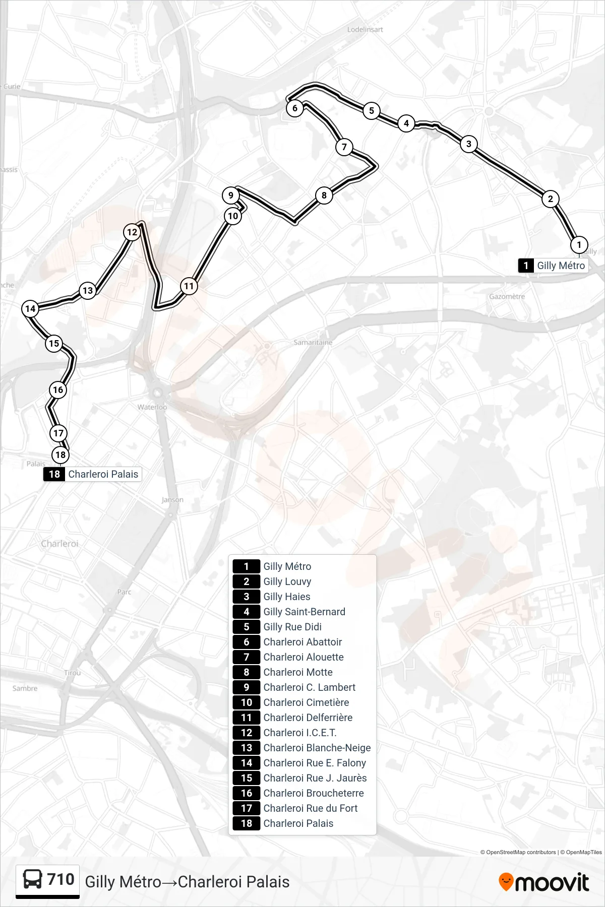 Lijn 710 (bus, Gilly Métro‎→Charleroi Palais): route en haltes op de kaart