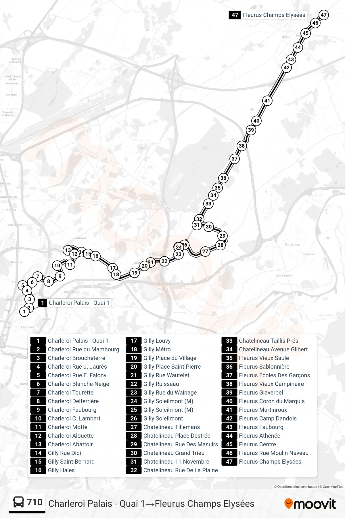 710 bus Line (Charleroi Palace - Platform 1‎→Fleurus Champs Elysées) route and stops on a map