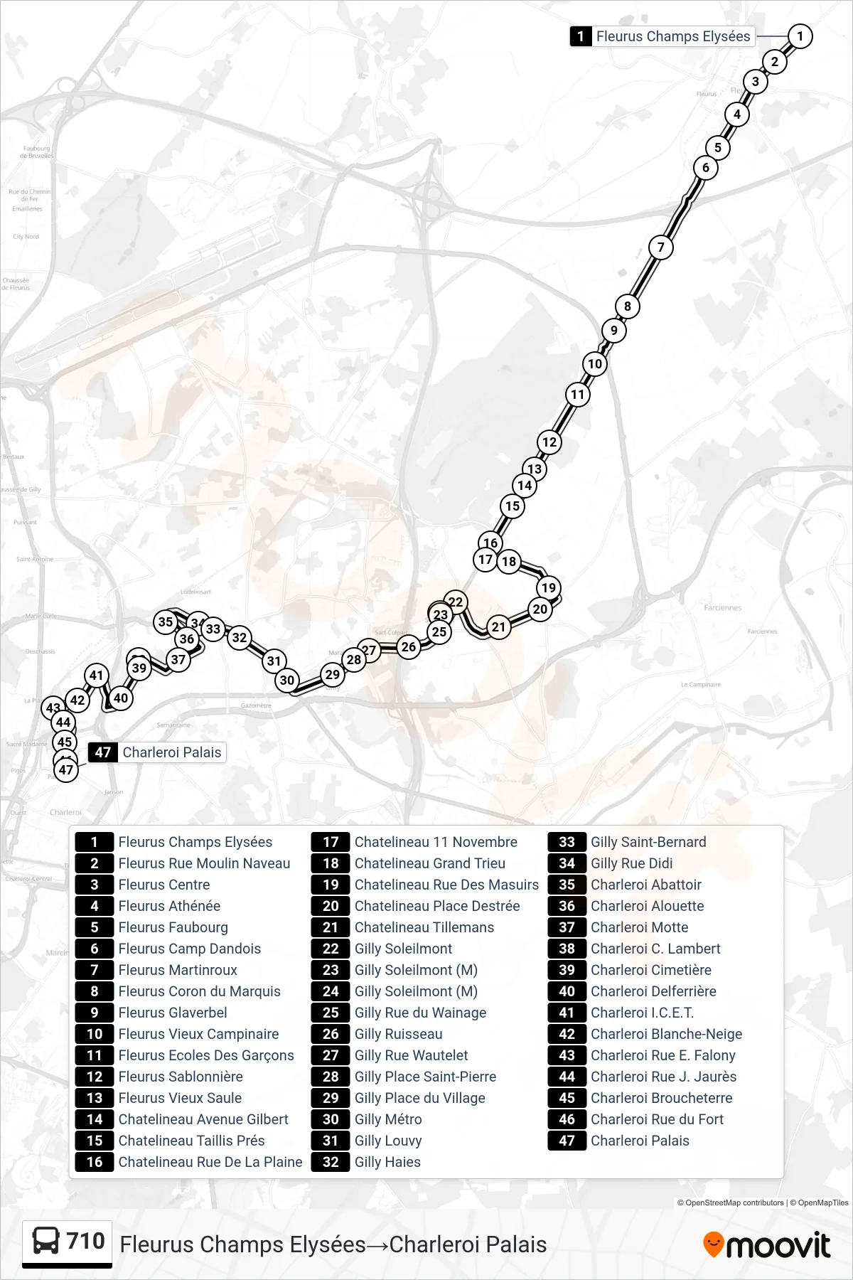 710 bus Line (Fleurus Champs Elysées‎→Charleroi Palace) route and stops on a map