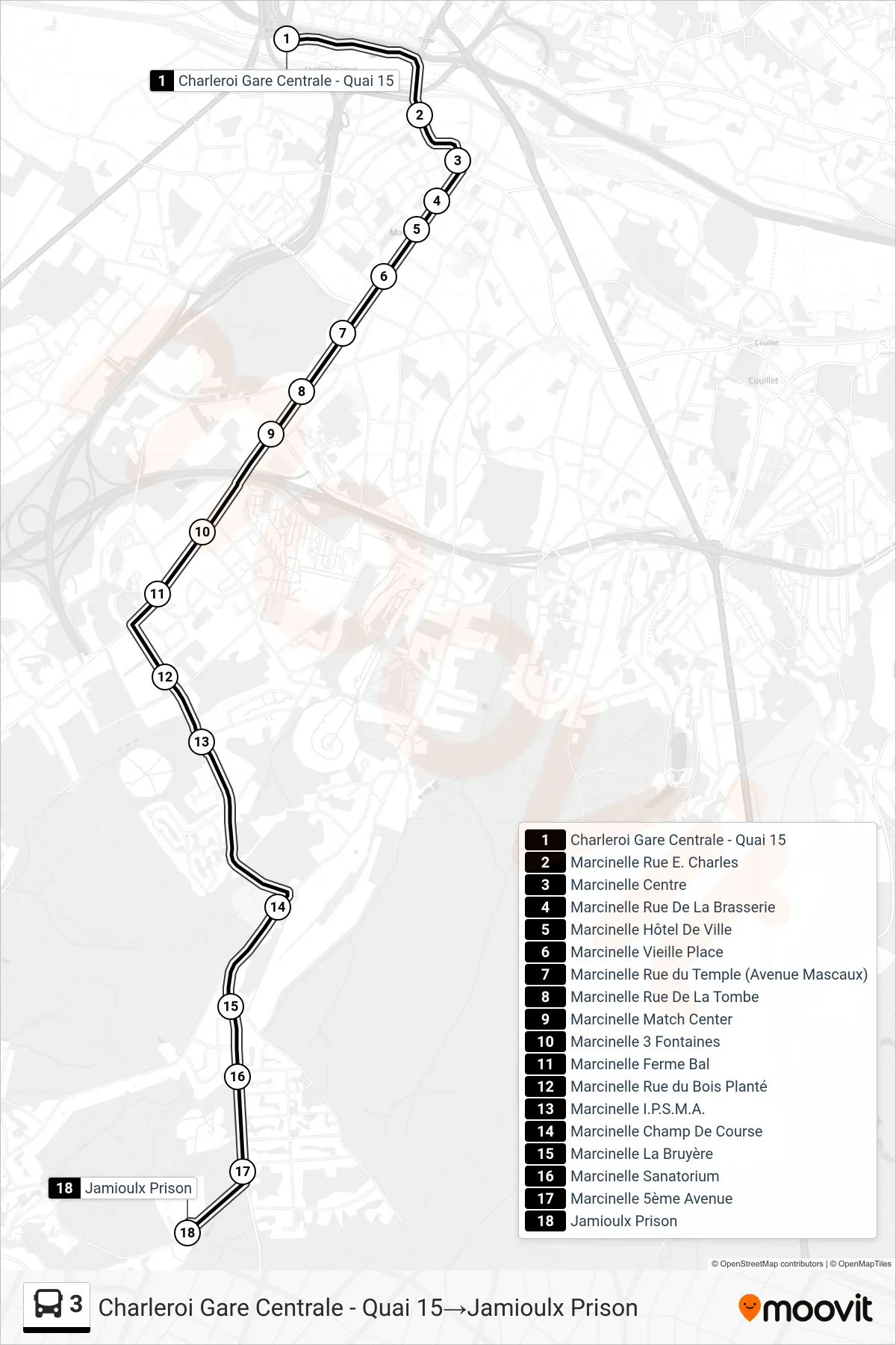 Lijn 3 (bus, Charleroi Gare Centrale - Quai 15‎→Jamioulx Prison): route en haltes op de kaart