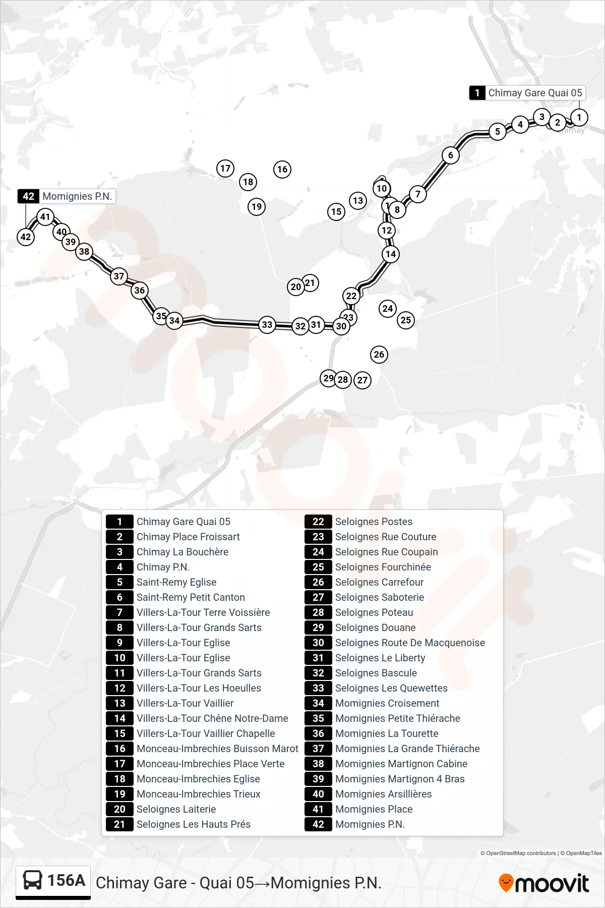 156A bus Line (Chimay Station - Platform 05→Momignies Level Crossing) route and stops on a map