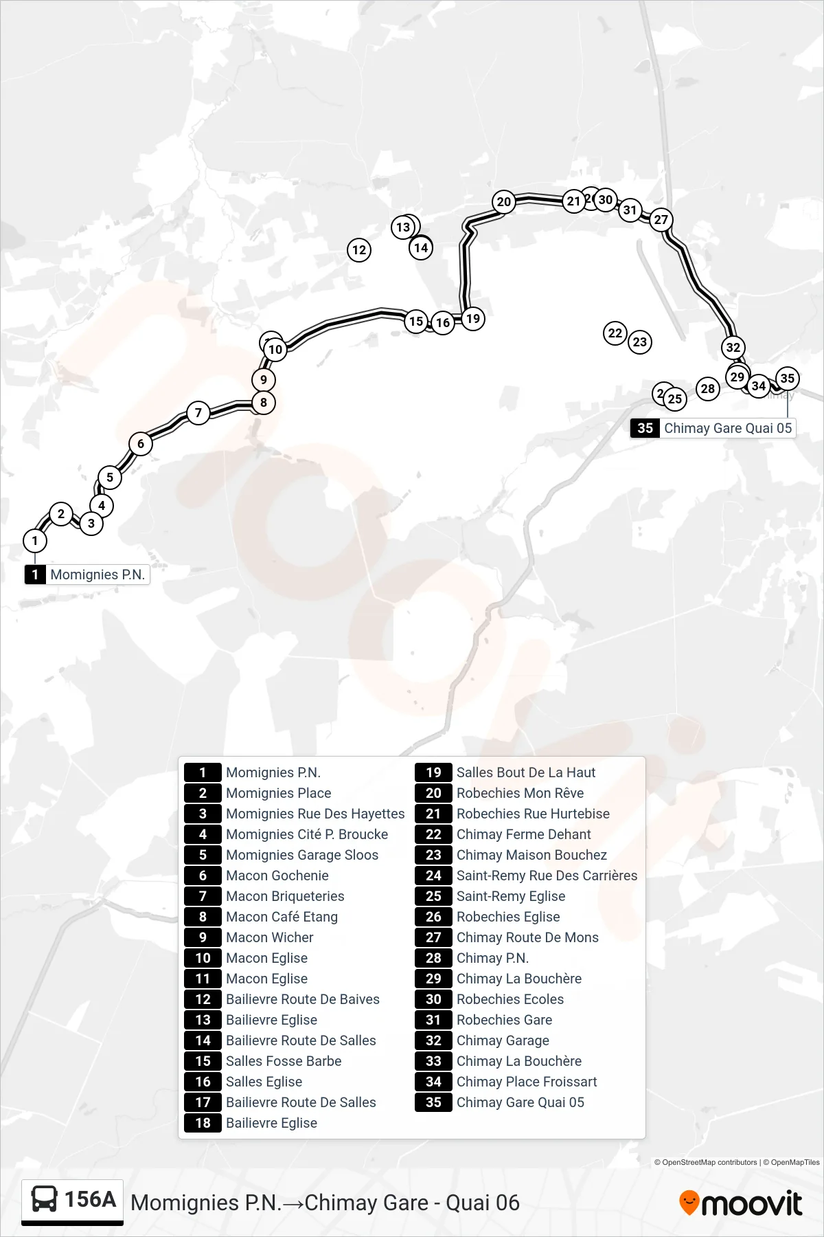 156A bus Line (Momignies Level Crossing→Chimay Station - Platform 06) route and stops on a map