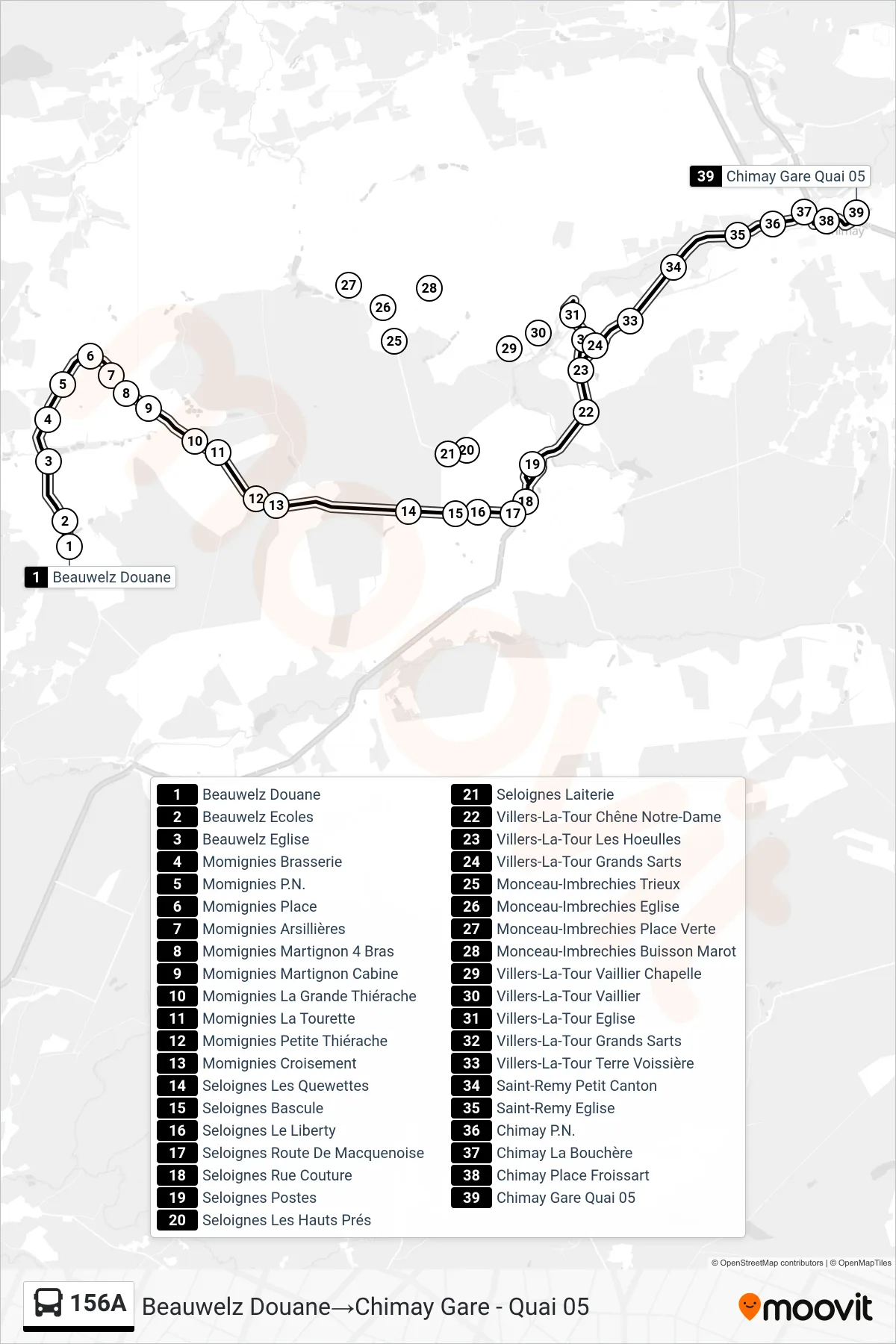 Lijn 156A (bus, Beauwelz Douane‎→Chimay Gare - Quai 05): route en haltes op de kaart