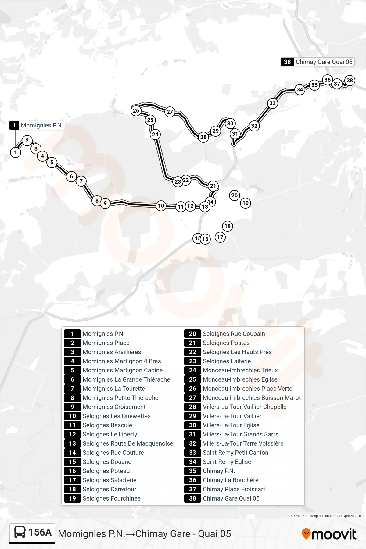 156A bus Line (Momignies Level Crossing→Chimay Station - Platform 05) route and stops on a map