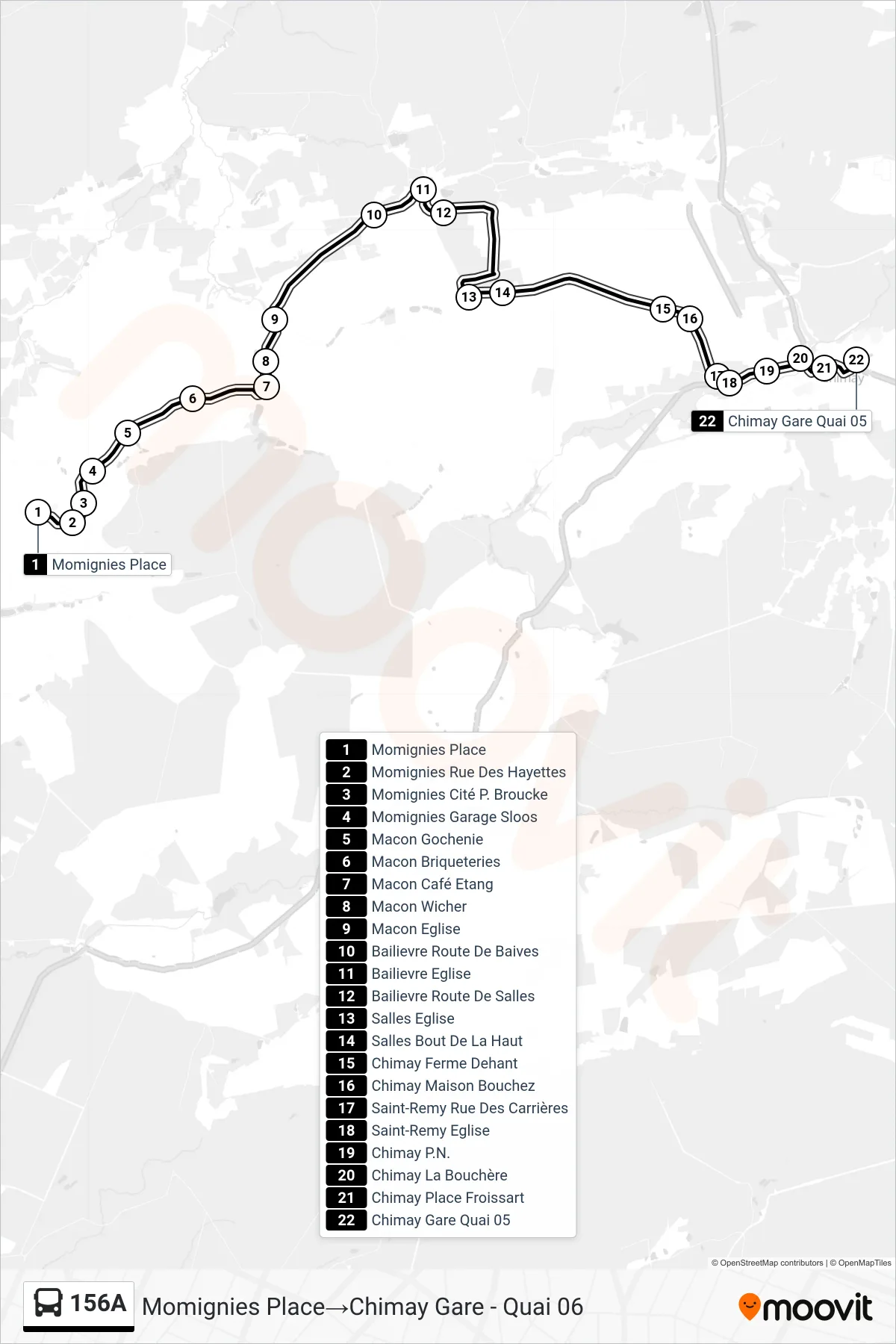 156A bus Line (Momignies Square→Chimay Station - Platform 06) route and stops on a map