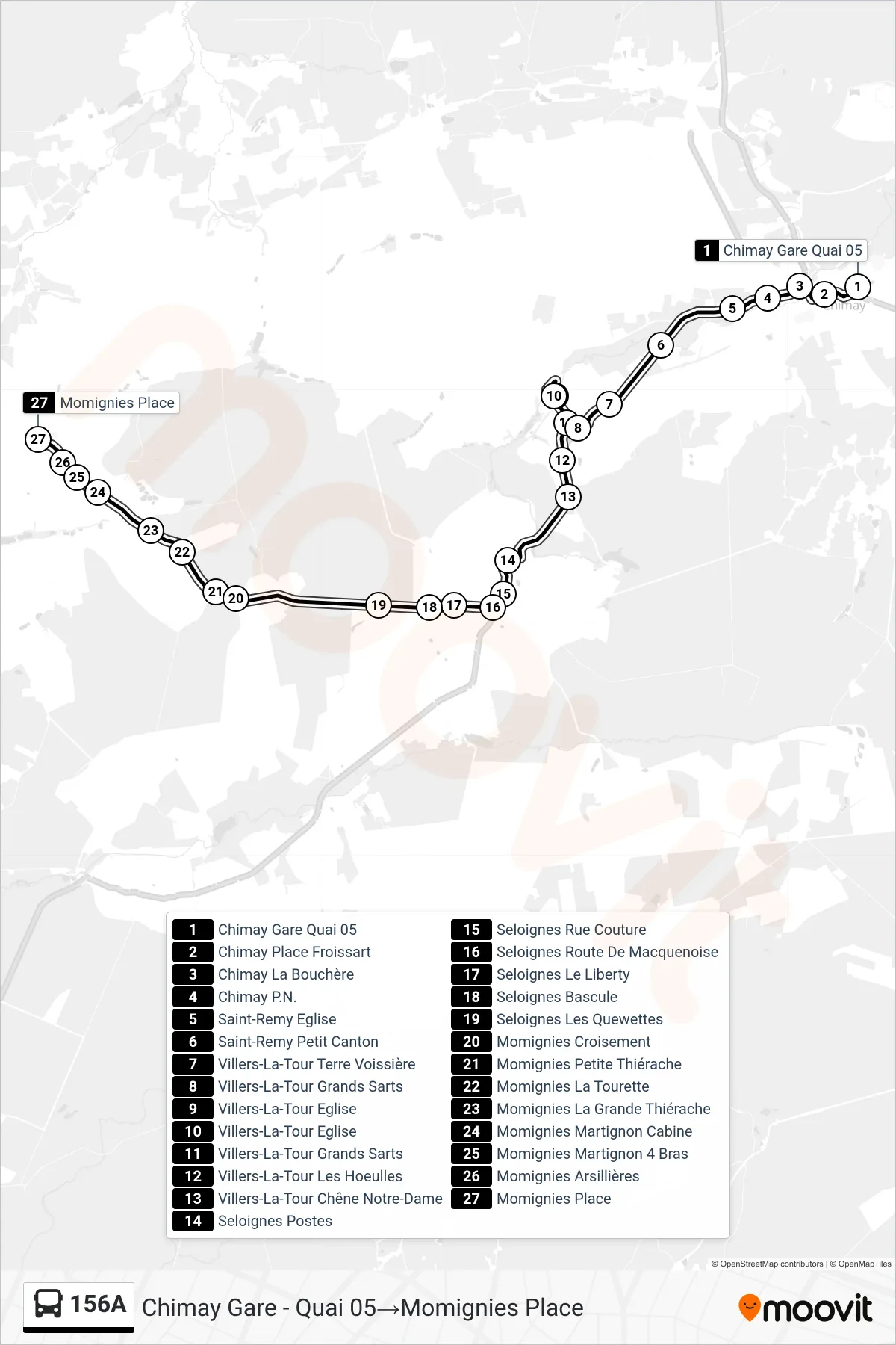 156A bus Line (Chimay Station - Platform 05→Momignies Square) route and stops on a map