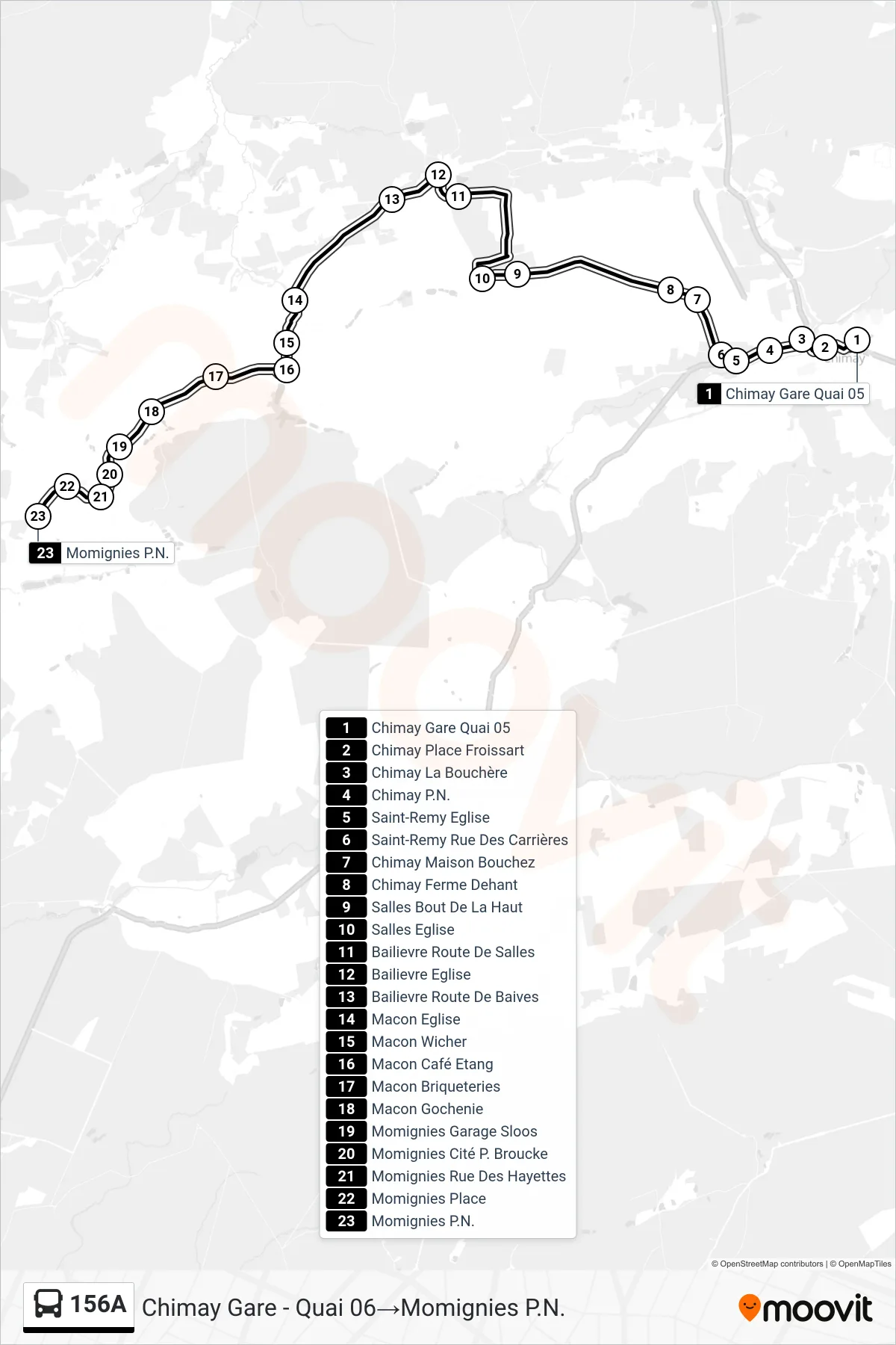 156A bus Line (Chimay Station - Platform 06→Momignies Level Crossing) route and stops on a map