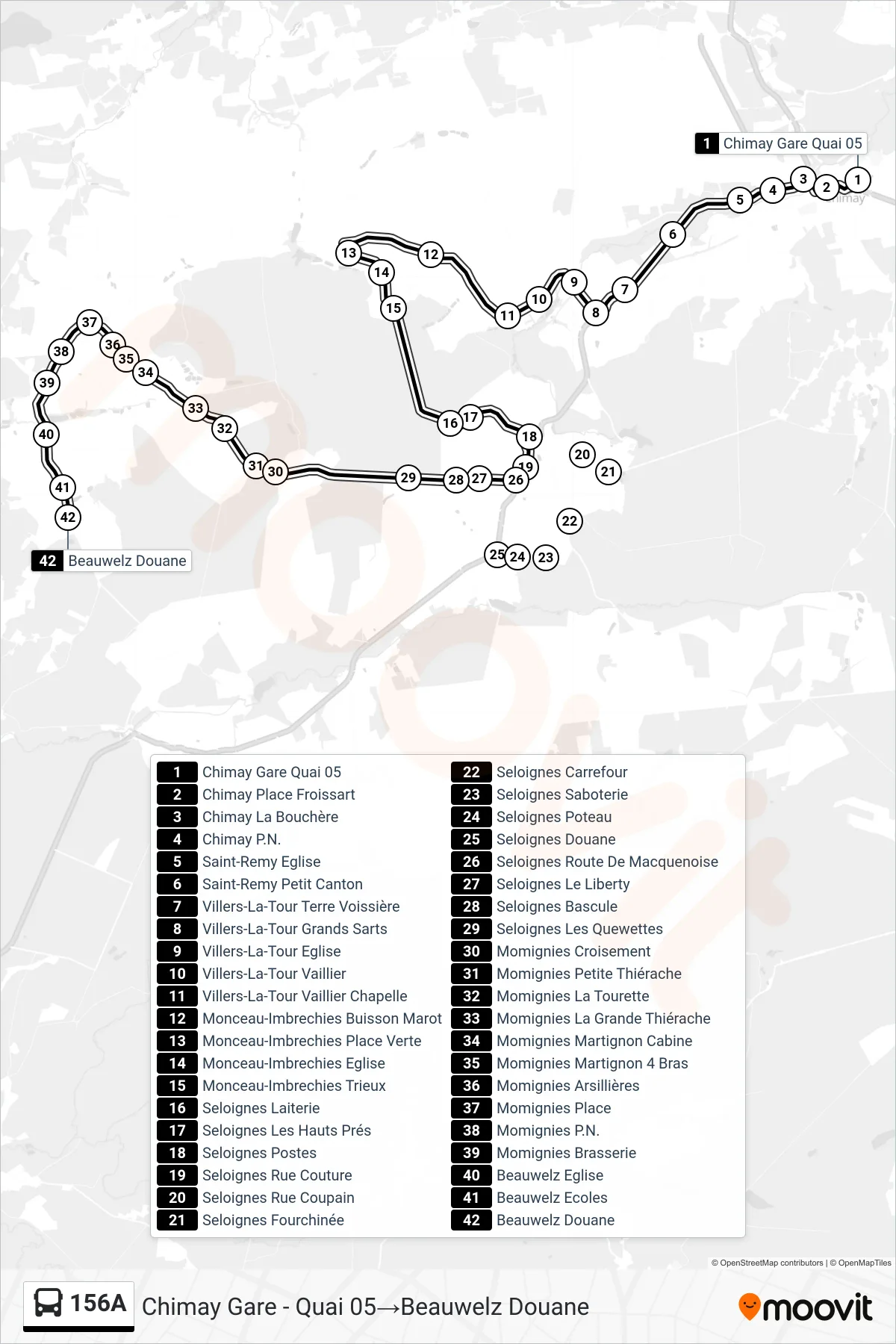 156A bus Line (Chimay Station - Platform 05→Beauwelz Customs) route and stops on a map