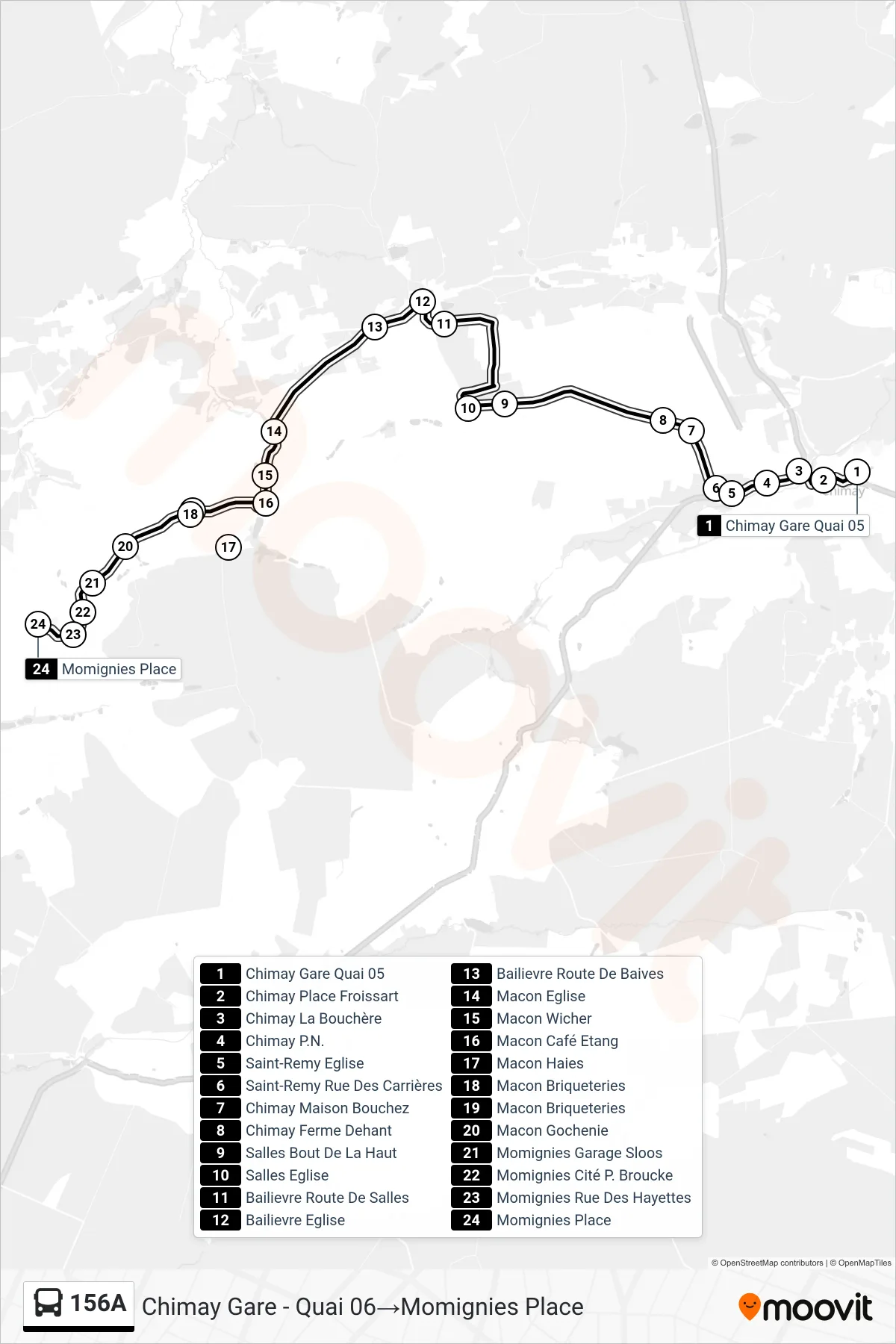 156A bus Line (Chimay Station - Platform 06→Momignies Square) route and stops on a map