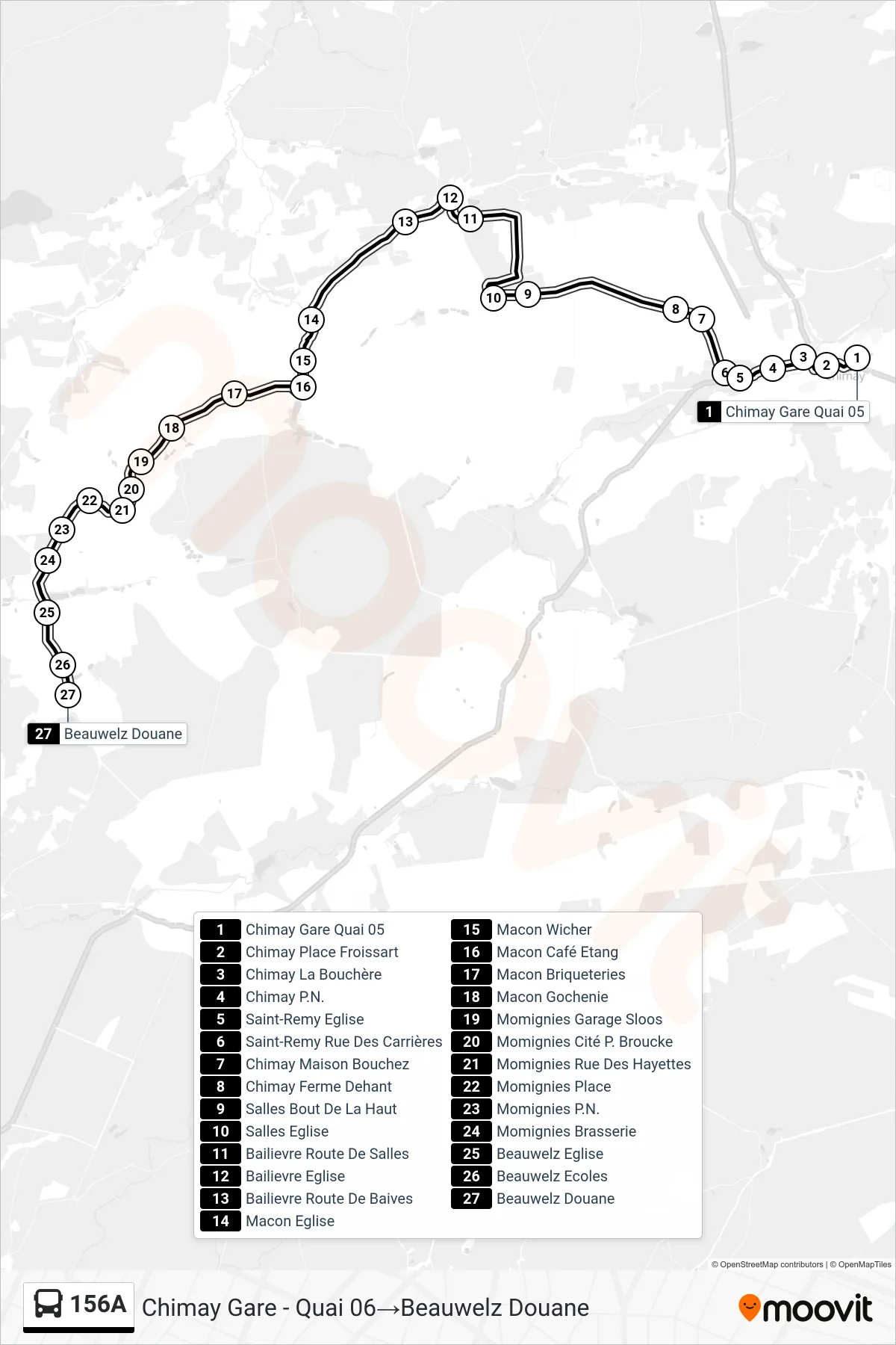 156A bus Line (Chimay Station - Platform 06→Beauwelz Customs) route and stops on a map