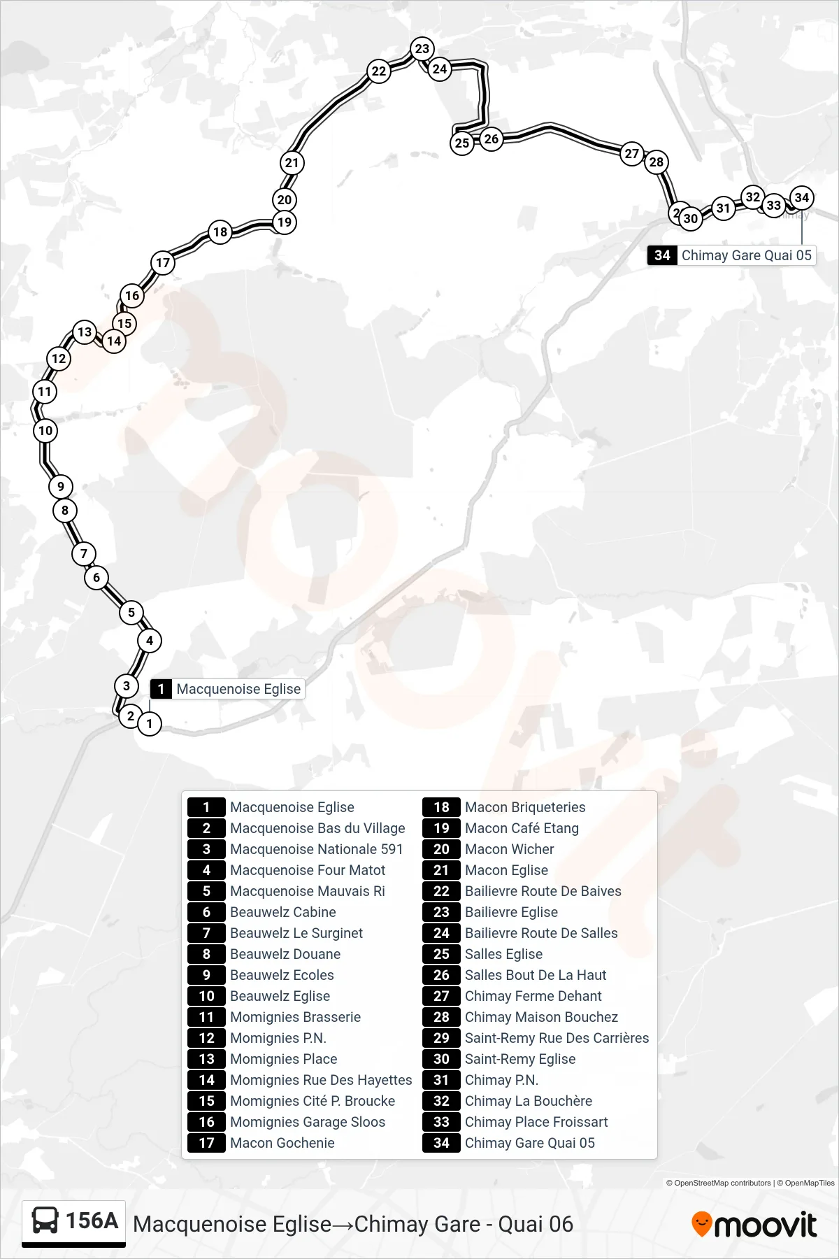 Lijn 156A (bus, Macquenoise Eglise→Chimay Gare - Quai 06): route en haltes op de kaart