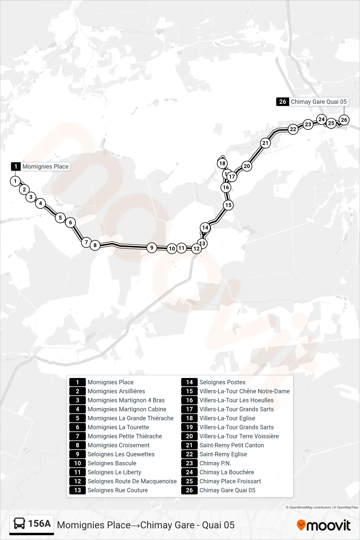 Lijn 156A (bus, Momignies Place‎→Chimay Gare - Quai 05): route en haltes op de kaart