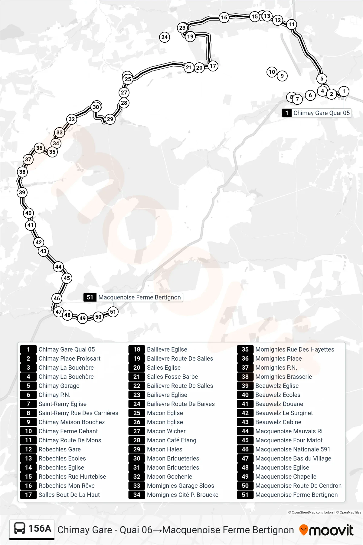 156A bus Line (Chimay Station - Platform 06→Macquenoise Bertignon Farm) route and stops on a map