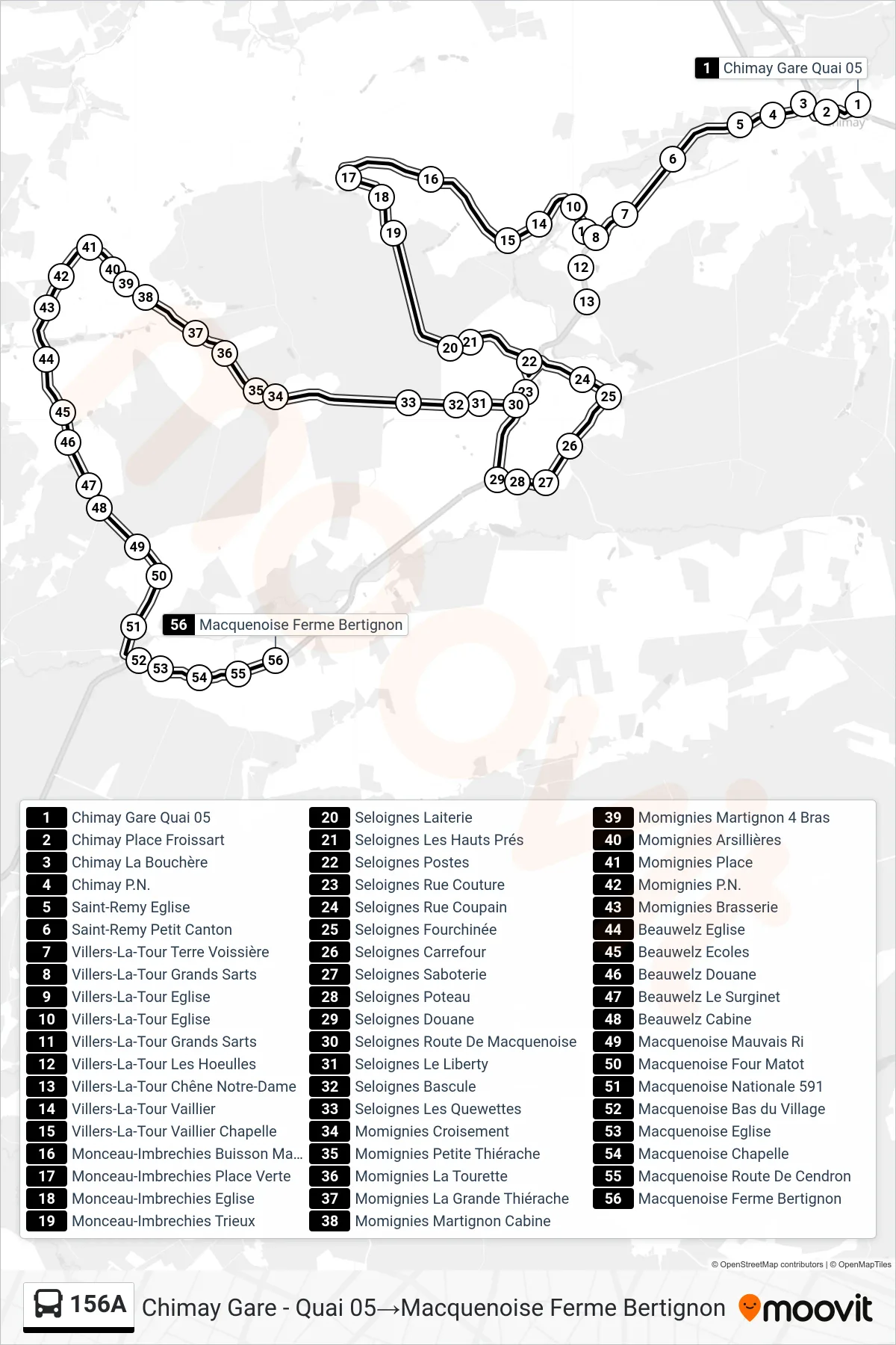 156A bus Line (Chimay Station - Platform 05→Macquenoise Bertignon Farm) route and stops on a map