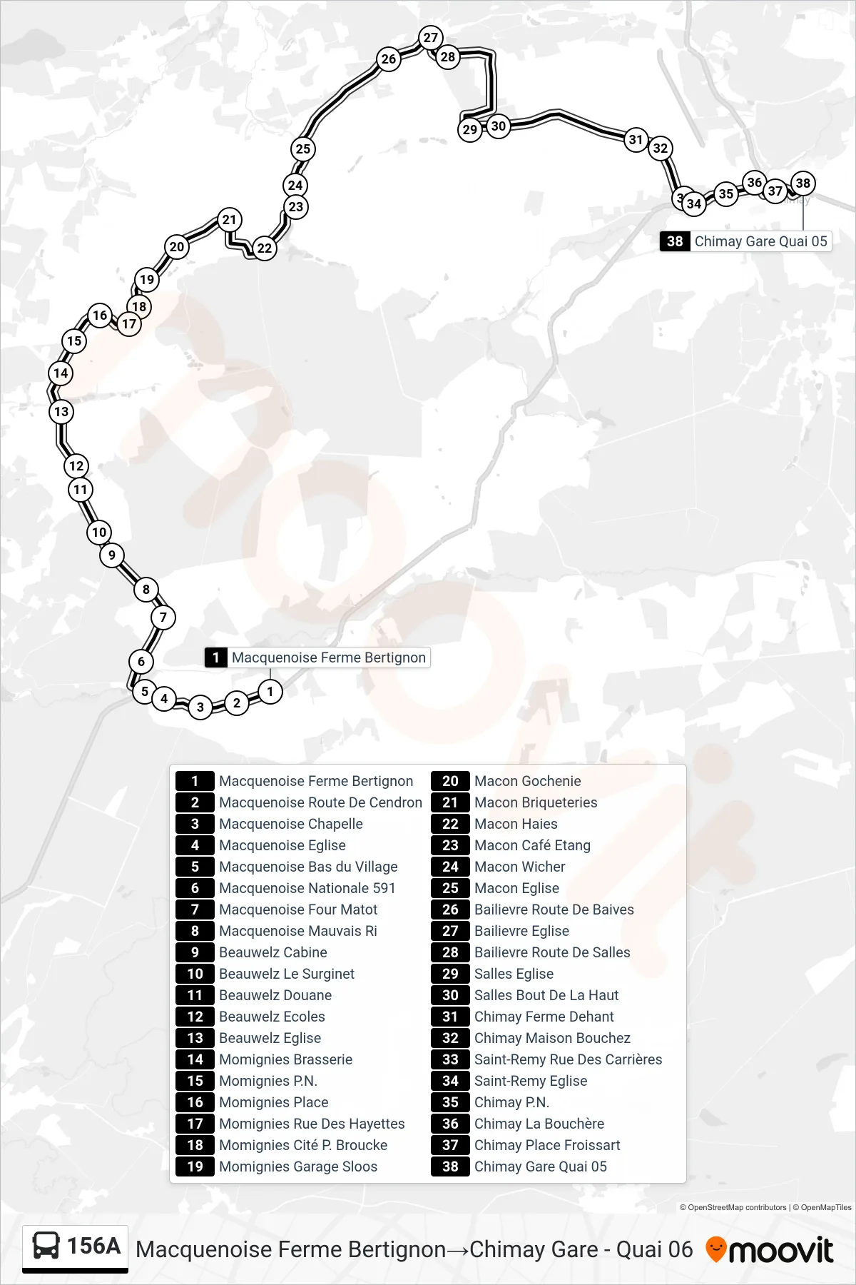 156A bus Line (Macquenoise Bertignon Farm→Chimay Station - Platform 06) route and stops on a map